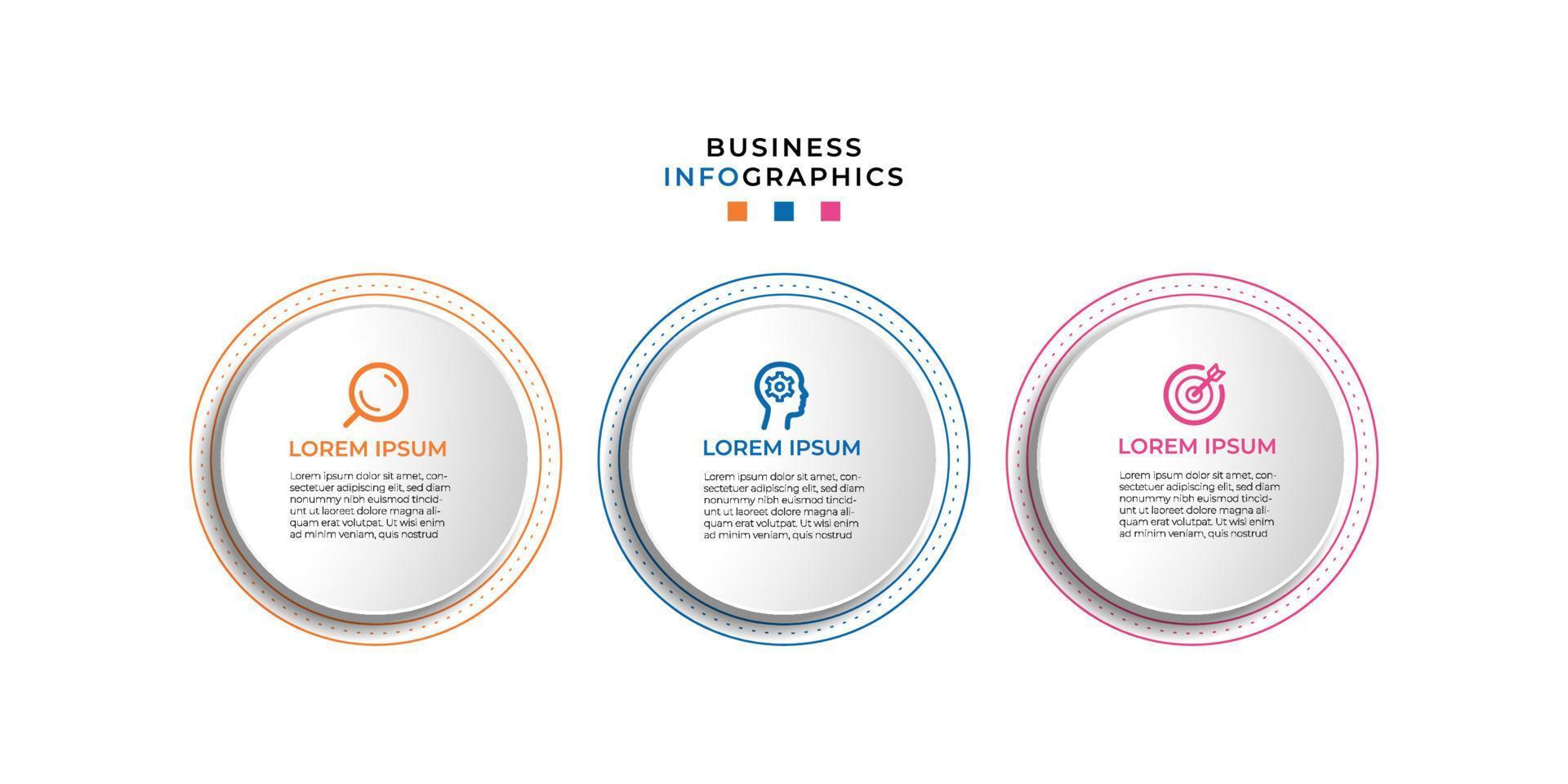 Modern 3 steps, option or levels line infographic with label. Timeline info graphic. Business presentation, information brochure, banner, workflow layout template. Eps10 Vector illustration