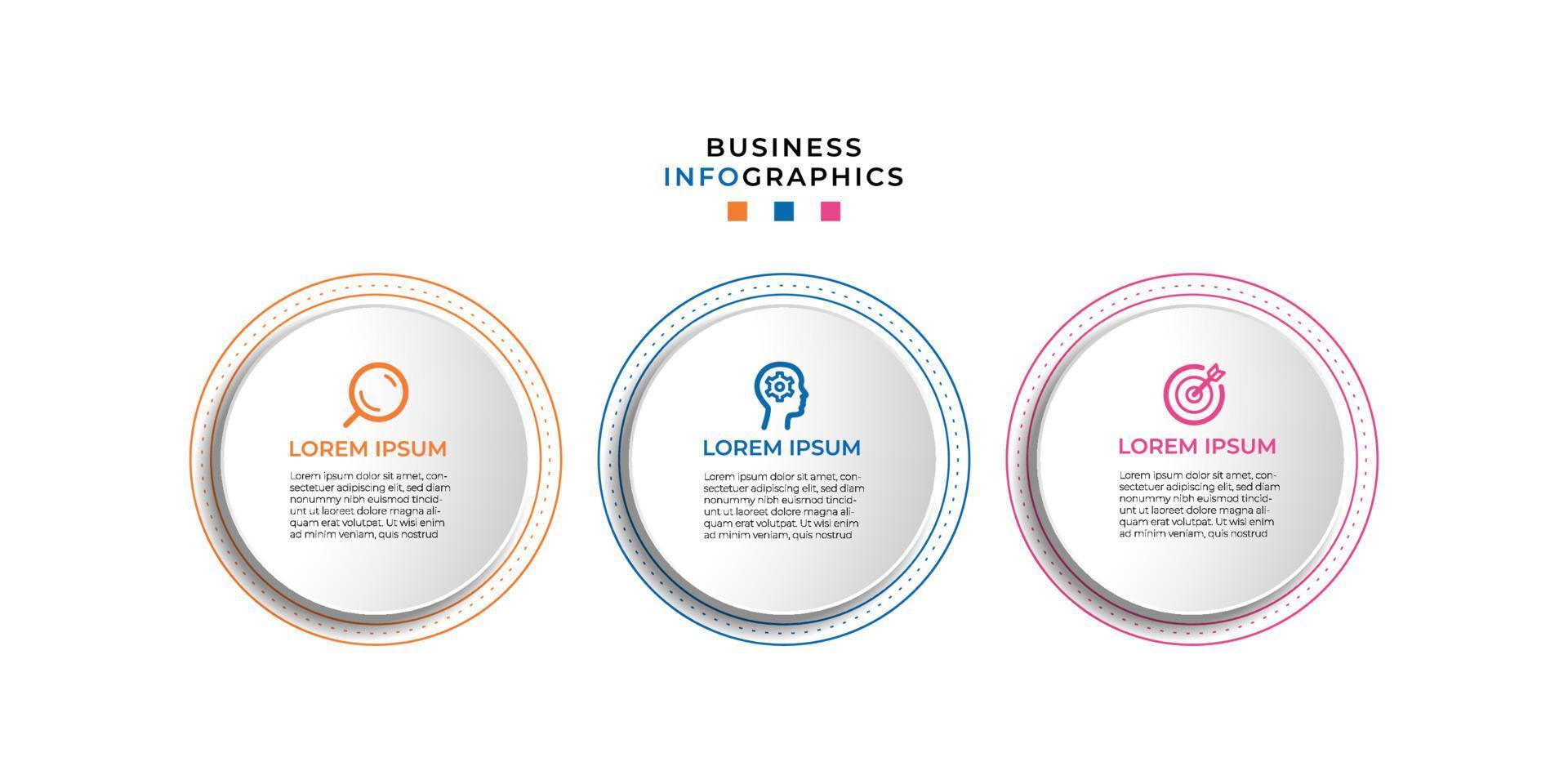 Infografía moderna de 3 pasos, opciones o niveles con etiqueta. gráfico de información de línea de tiempo. presentación de negocios, folleto de información, banner, plantilla de diseño de flujo de trabajo. ilustración vectorial eps10 vector