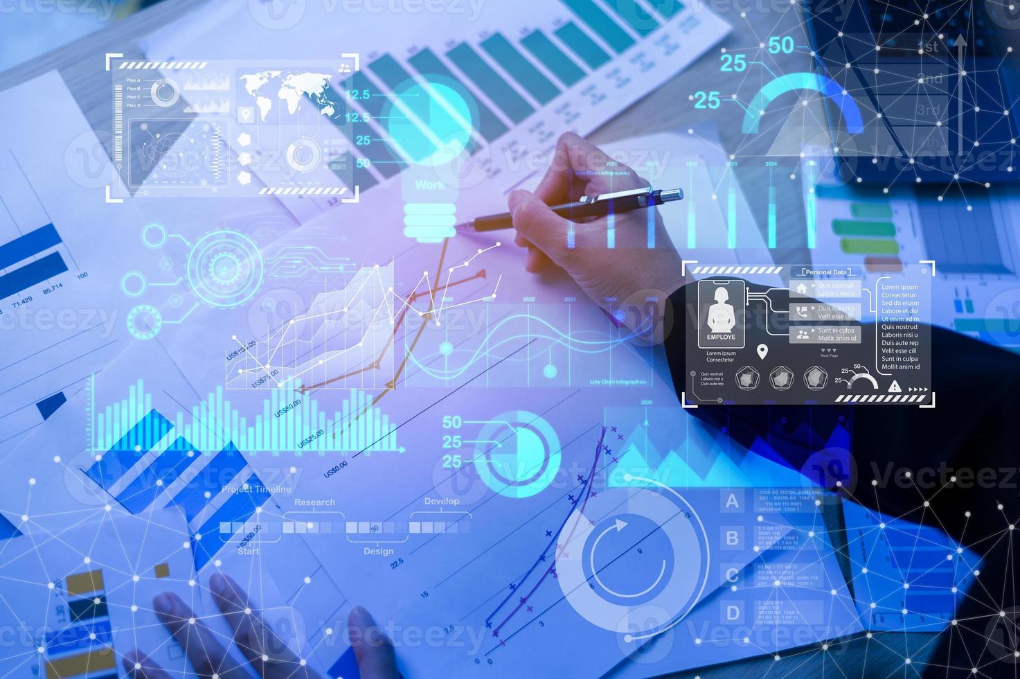 Background of documents with analytics data lying on table photo