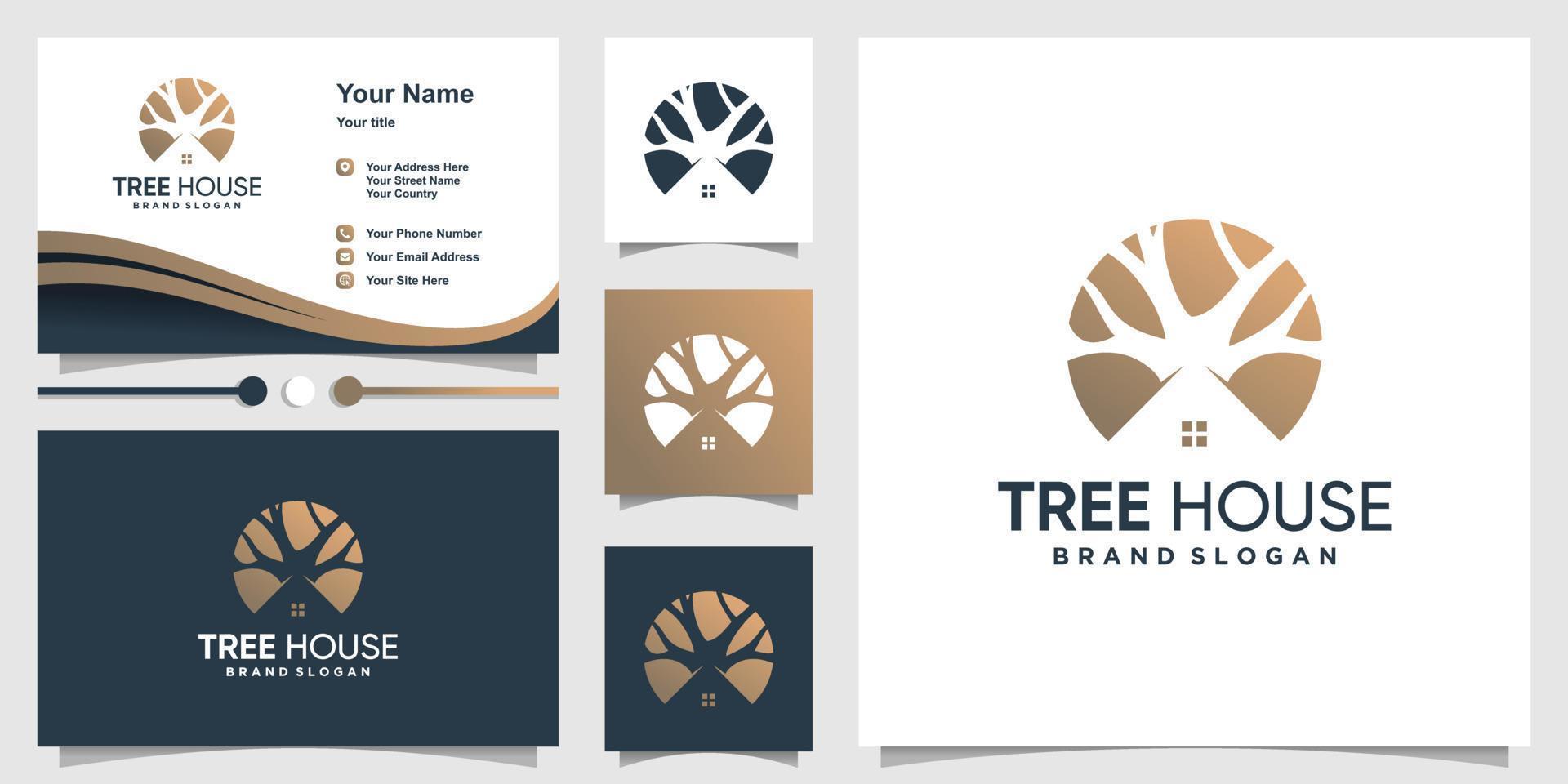 Tree house logo design with creative element concept Premium Vector