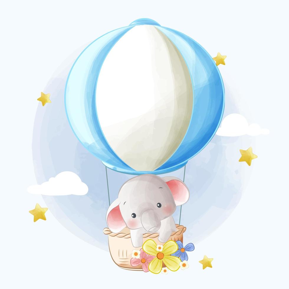 Cute elephant floating on hot air balloon cartoon illustration vector