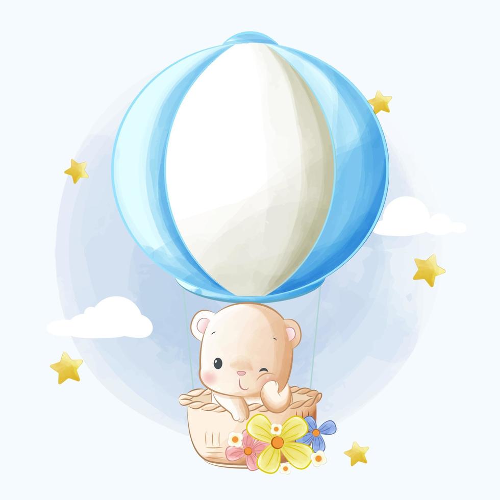 Cute bear floating on hot air balloon cartoon illustration vector