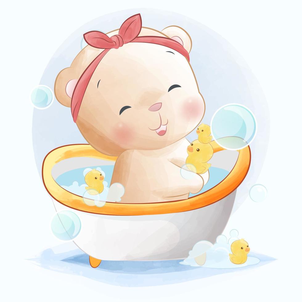lindo bebé oso en la bañera con ilustración de juguete de patos vector