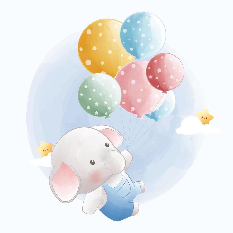 caricatura, vector, ilustración, lindo, pequeño elefante, vuelo, con, globos vector