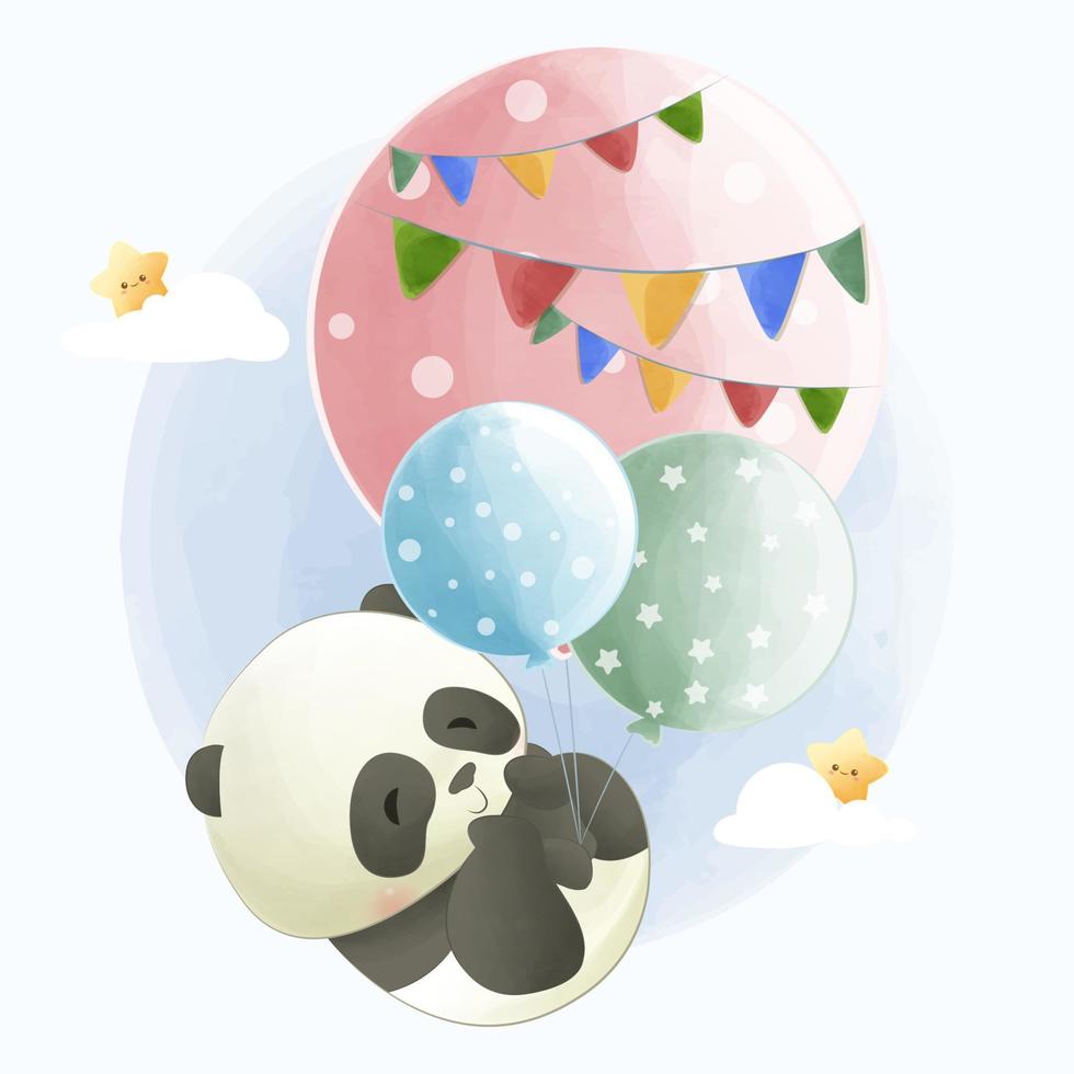 caricatura, vector, ilustración, lindo, bebé, panda, vuelo, con, globos vector