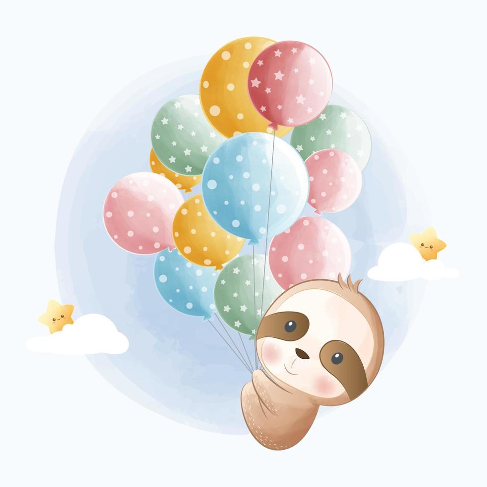 ilustración vectorial de dibujos animados lindo perezoso volando con globos vector