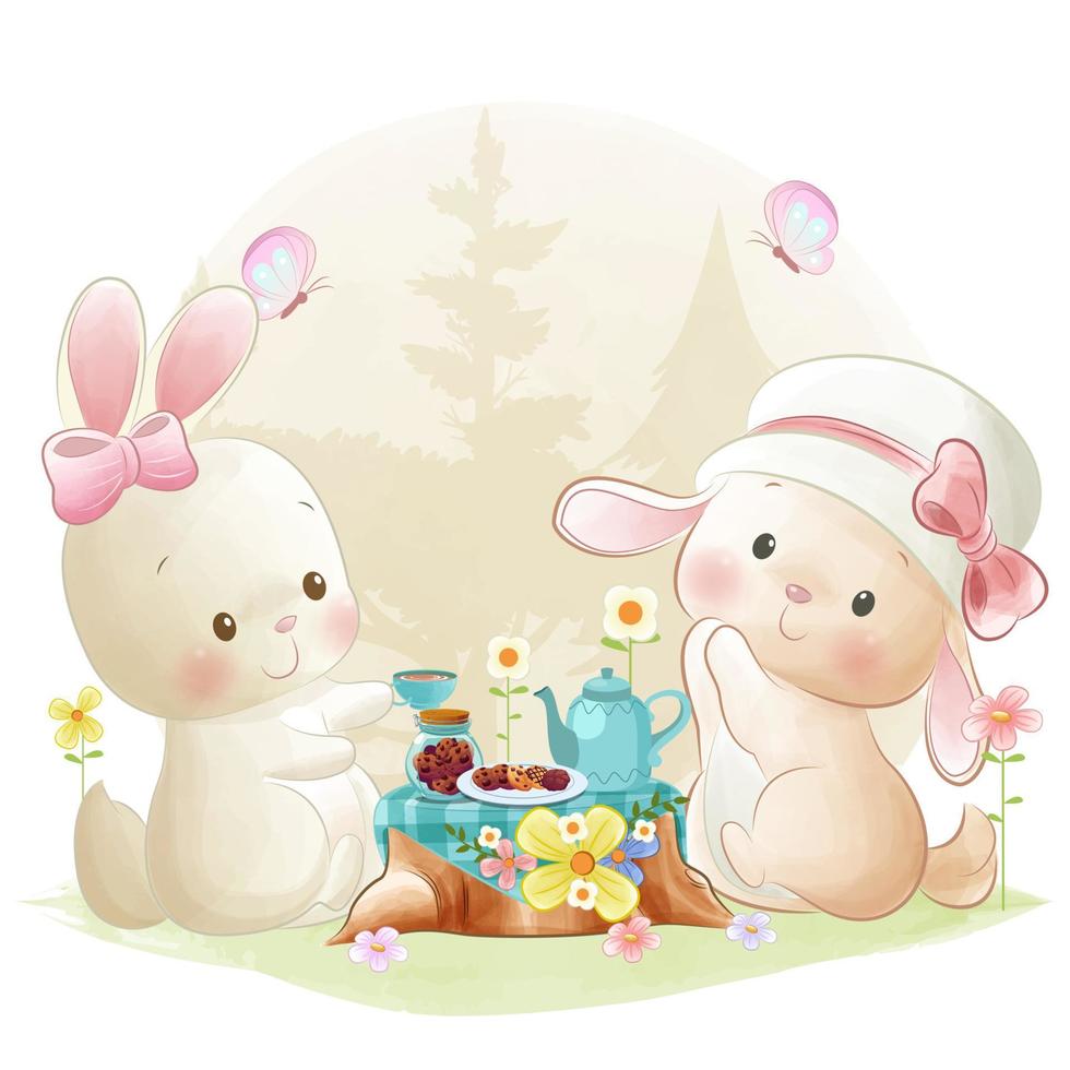 Animal tea party illustration woodland friends having a picnic vector