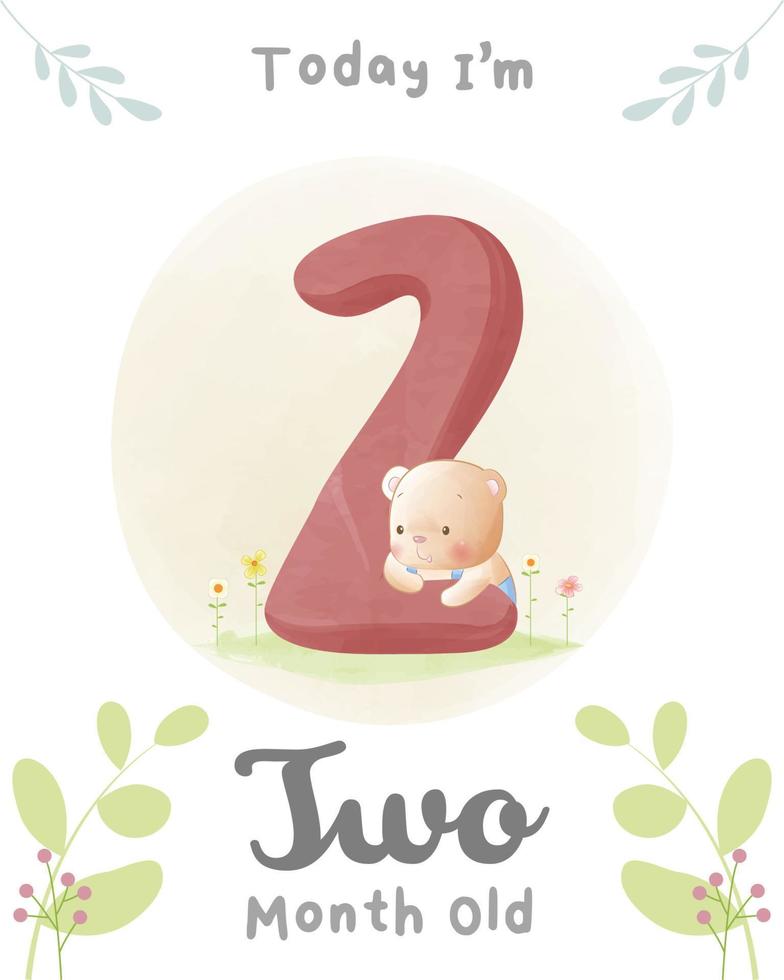 lindo oso bebé, tarjetas de hitos de baby shower de 02 meses de edad vector