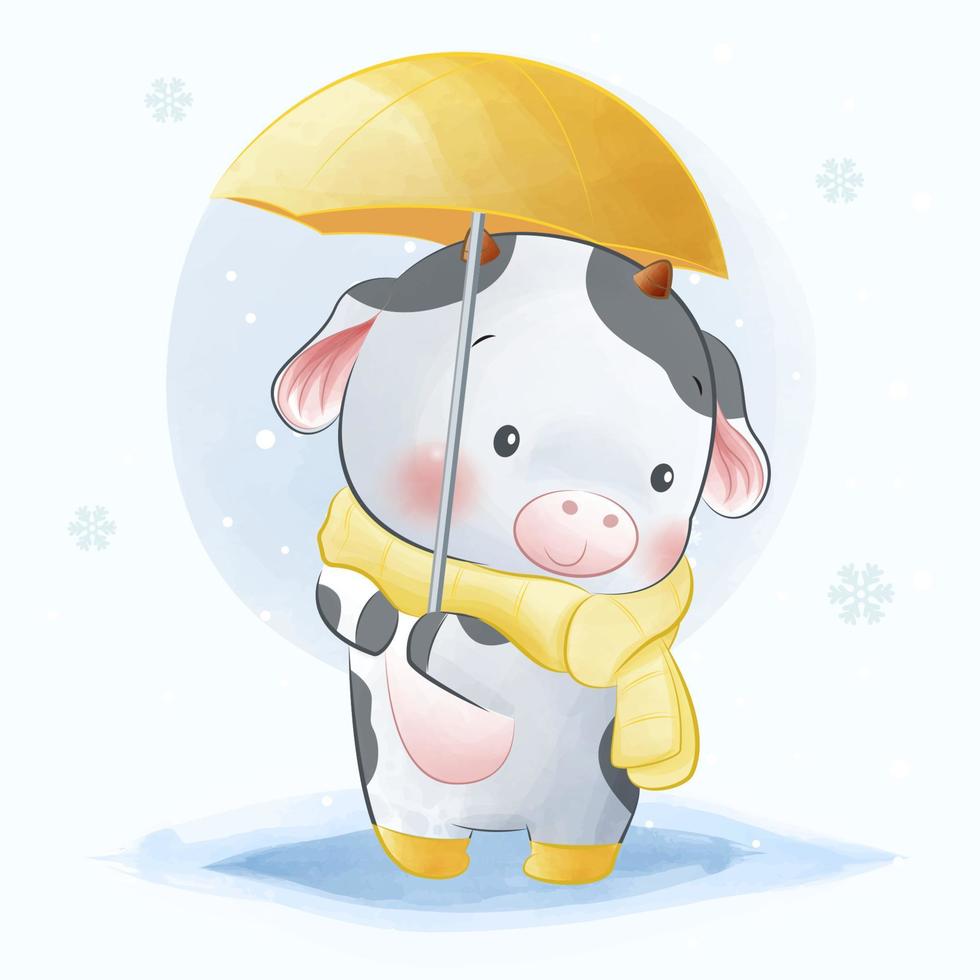 Cute calves wearing a yellow umbrella and scarf vector