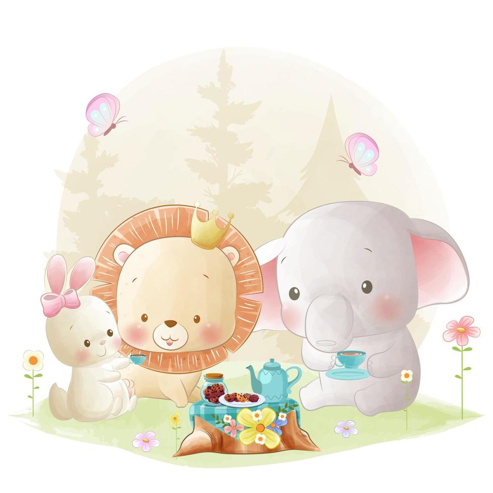 lindo animal bebé león, conejito y elefante ilustración de la fiesta del té amigos del bosque haciendo un picnic vector