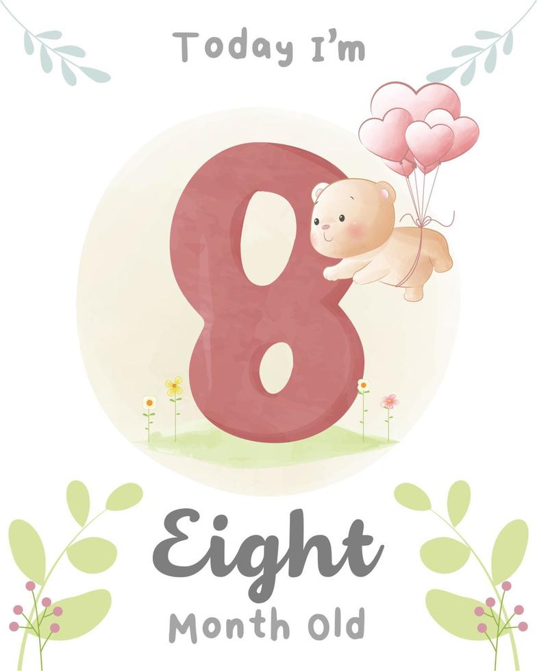 Cute baby bear, Baby shower milestone cards 08 month old vector