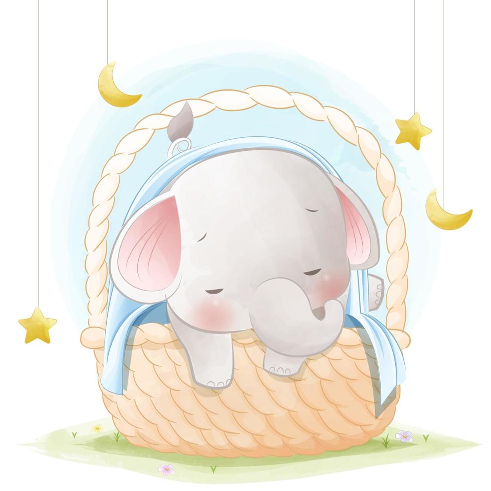 Cute baby elephant sleeping in the wicker basket vector