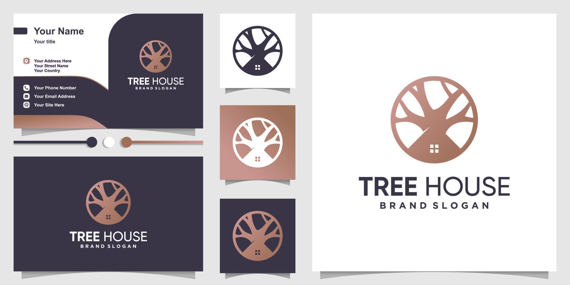 Tree house logo design with creative element concept Premium Vector