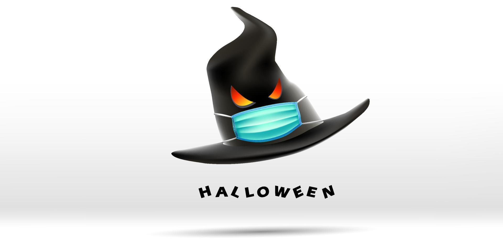 Happy Halloween greeting card design. Witch hat wearing face mask protecting from coronavirus or COVID-19 vector