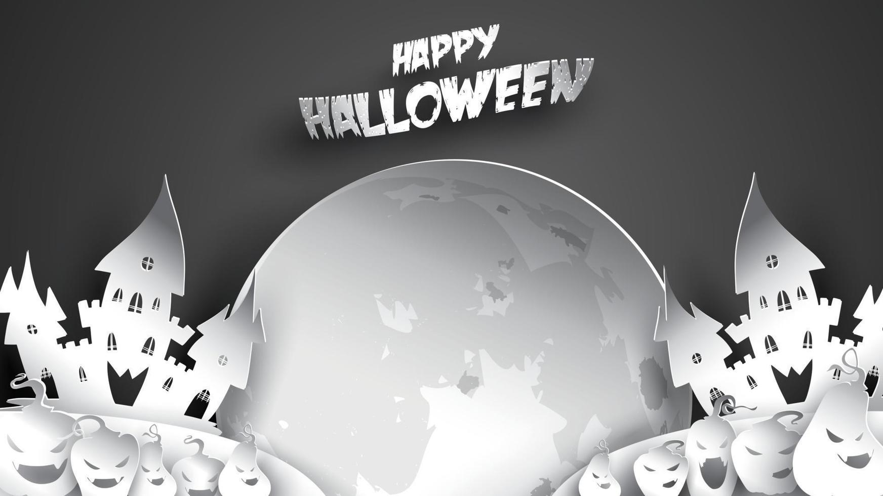 Halloween night background with pumpkin, haunted house, castle and full moon. Flyer or invitation template for banner, party, Invitation . Vector illustration with place for your Text or copy space