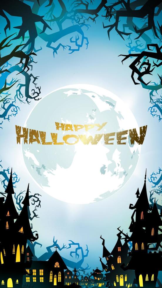 Halloween night background with pumpkin, haunted house, castle and full moon. Flyer or invitation template for banner, party, Invitation . Vector illustration with place for your Text or copy space