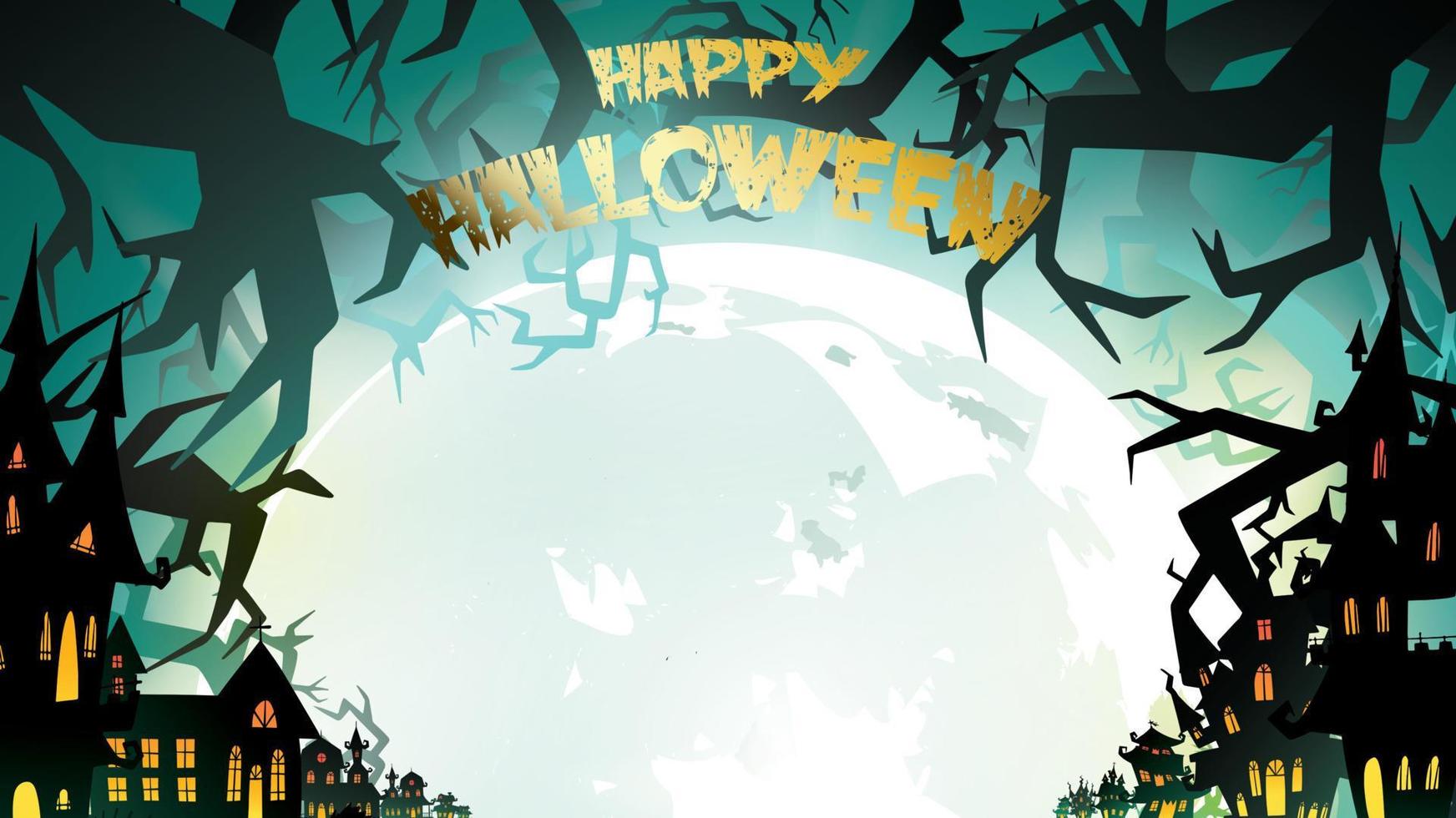 Halloween night background with pumpkin, haunted house, castle and full moon. Flyer or invitation template for banner, party, Invitation . Vector illustration with place for your Text