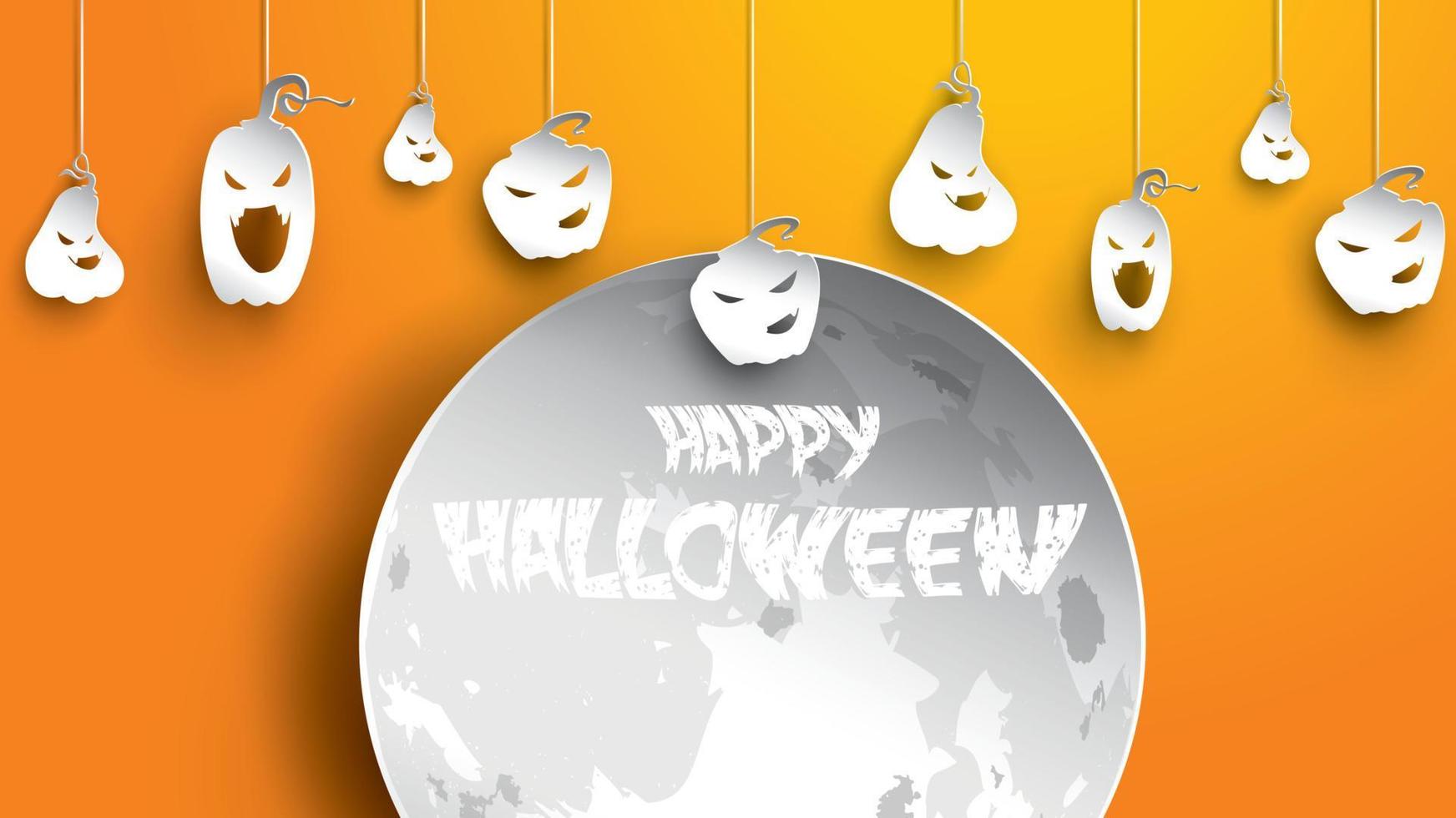 Halloween background with pumpkin and moon in paper art carving style. banner, poster, Flyer or invitation template party. Vector illustration.