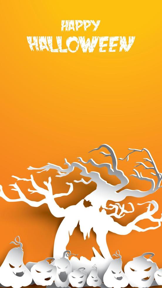 Halloween background with haunted tree and pumpkin paper art carving style. banner, poster, Flyer or invitation template party. Vector illustration.