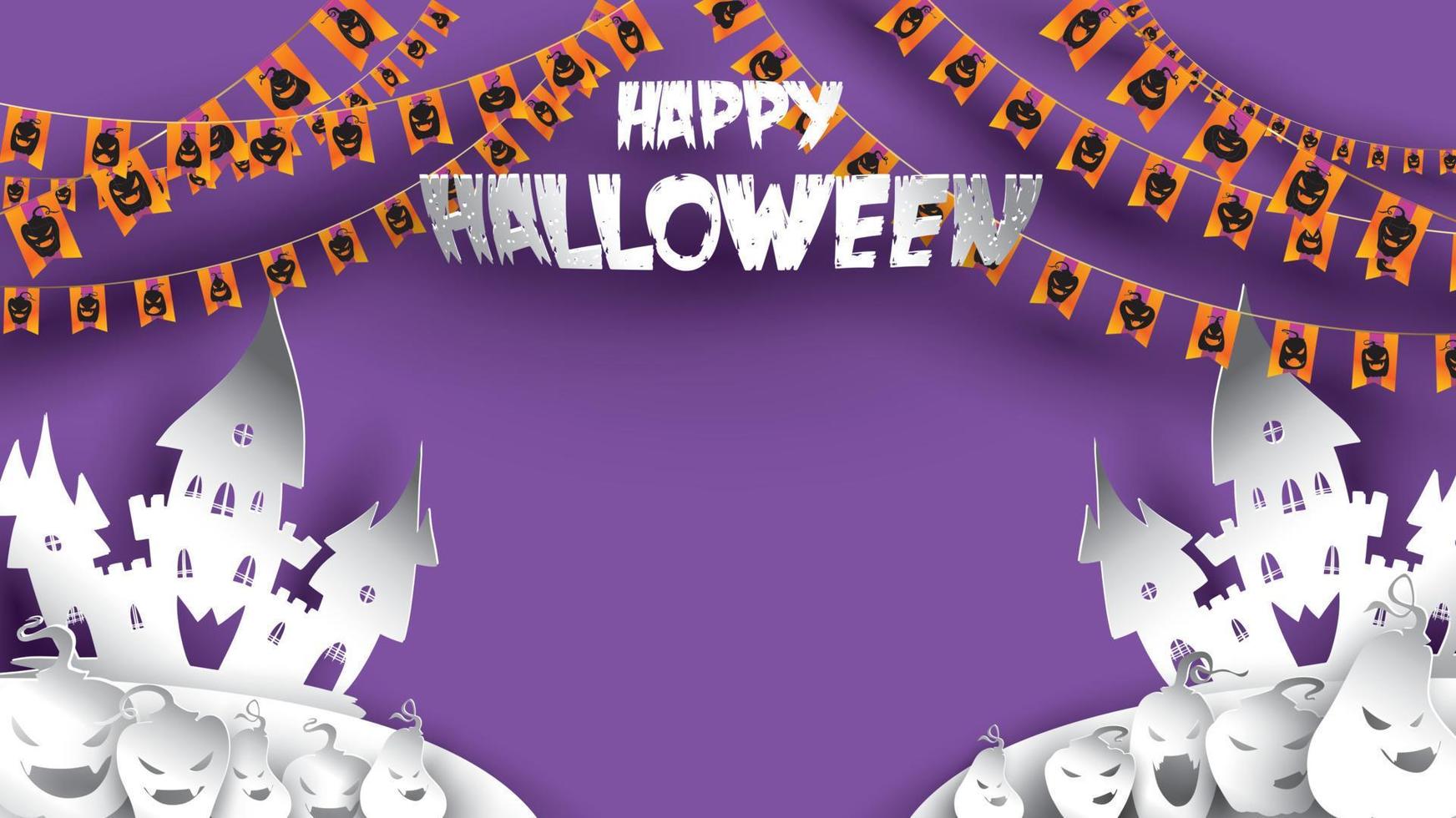 Halloween background with pumpkin, haunted house and full moon in paper art carving style. banner, poster, Flyer or invitation template party. Vector illustration.