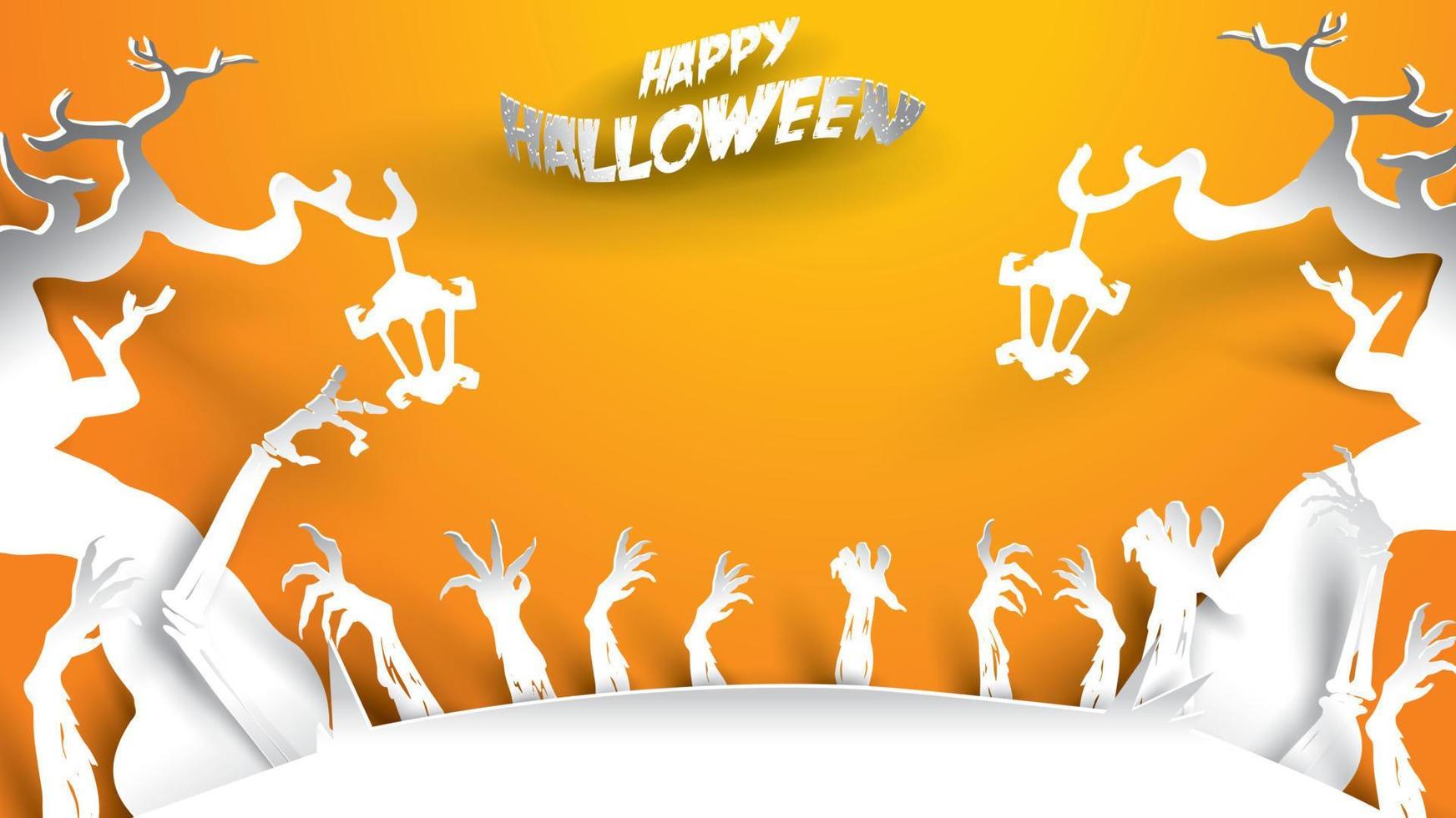 Halloween background with witch and haunted tree in paper art carving style. banner, poster, Flyer or invitation template party. Vector illustration.