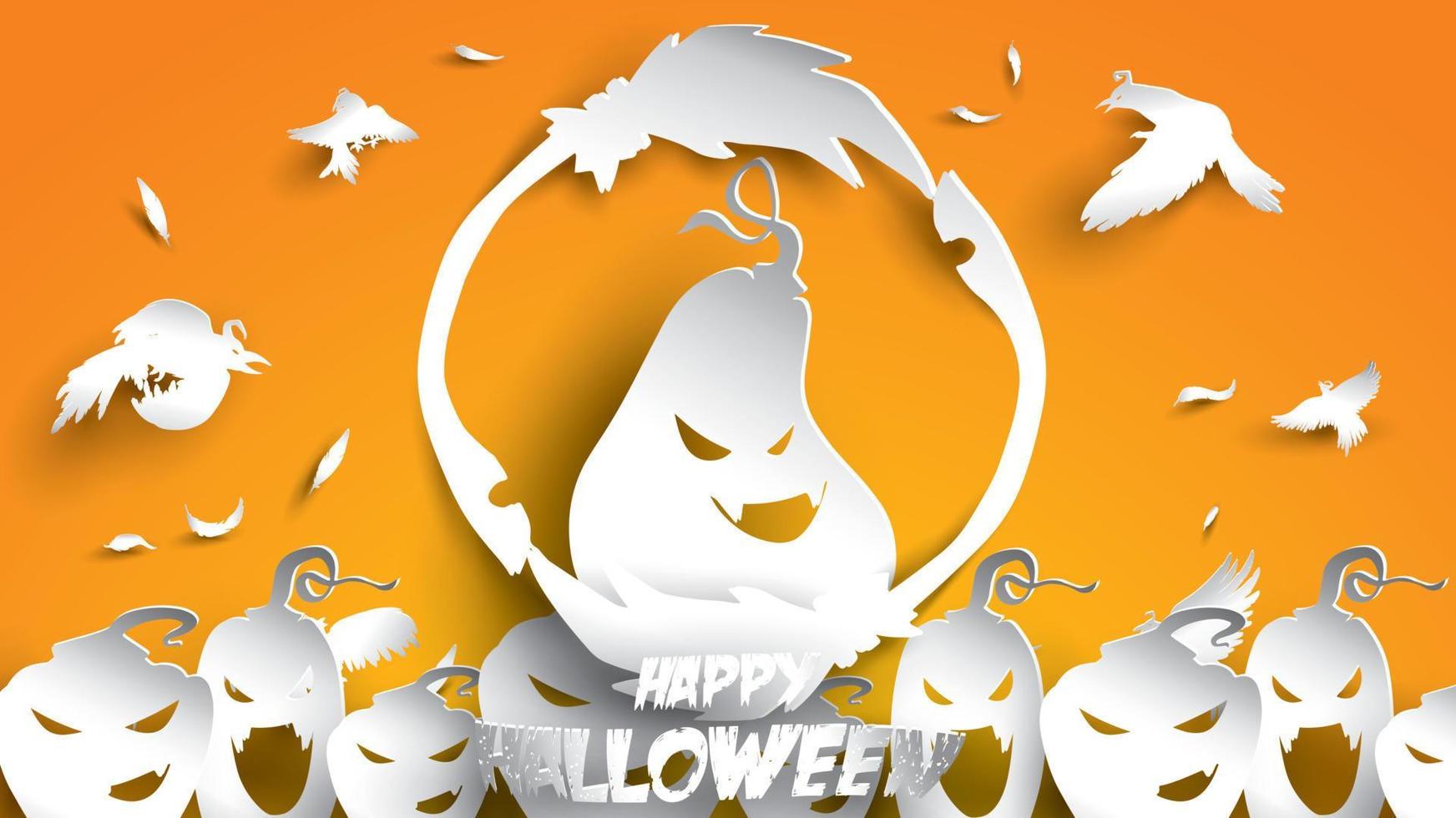 Halloween background with pumpkin, crow and broomstick in paper art carving style. banner, poster, Flyer or invitation template party. Vector illustration.