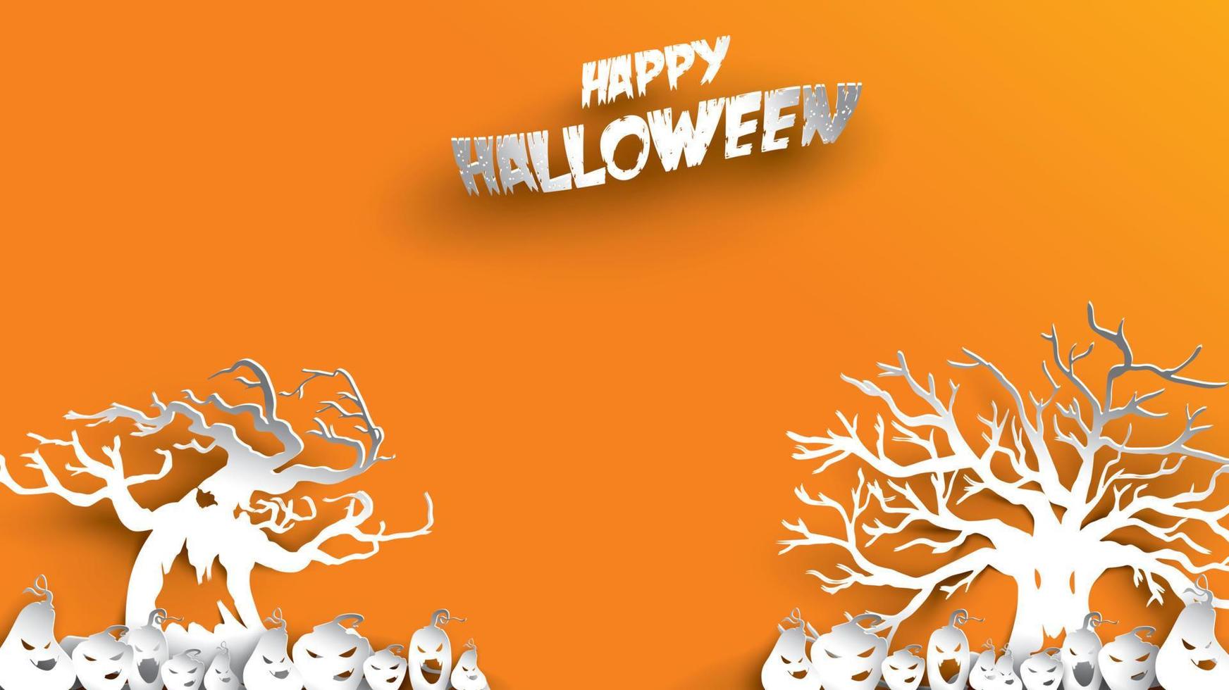 Halloween background with haunted tree and pumpkin paper art carving style. banner, poster, Flyer or invitation template party. Vector illustration.