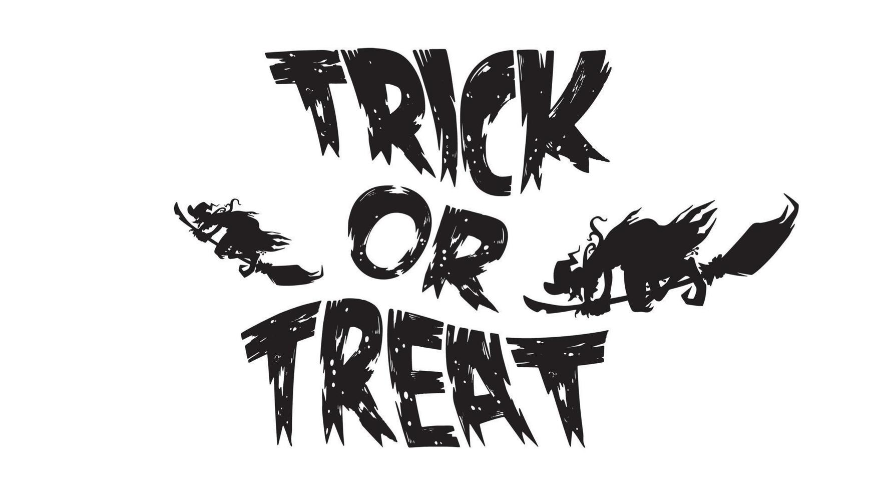 Spooky trick or treat text with flying witch isolated on white background. scary, haunted and creepy wood texture hand lettering for party invitation, greeting card, banner vector