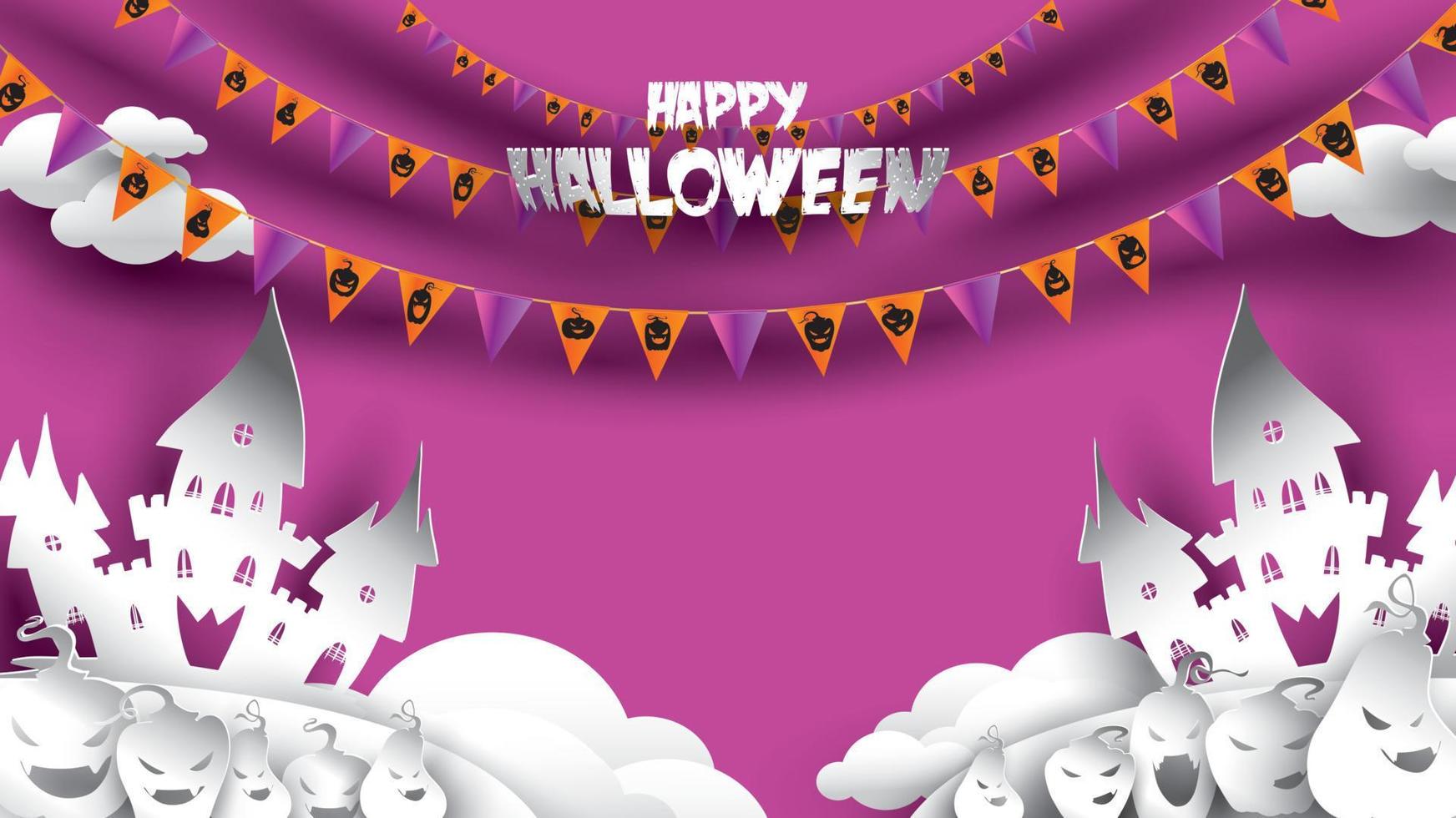 Halloween background with pumpkin, haunted house and full moon in paper art carving style. banner, poster, Flyer or invitation template party. Vector illustration.