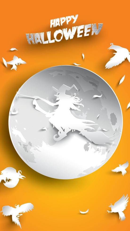 Halloween background with witch, crow, moon and broomstick in paper art carving style. banner, poster, Flyer or invitation template party. Vector illustration.