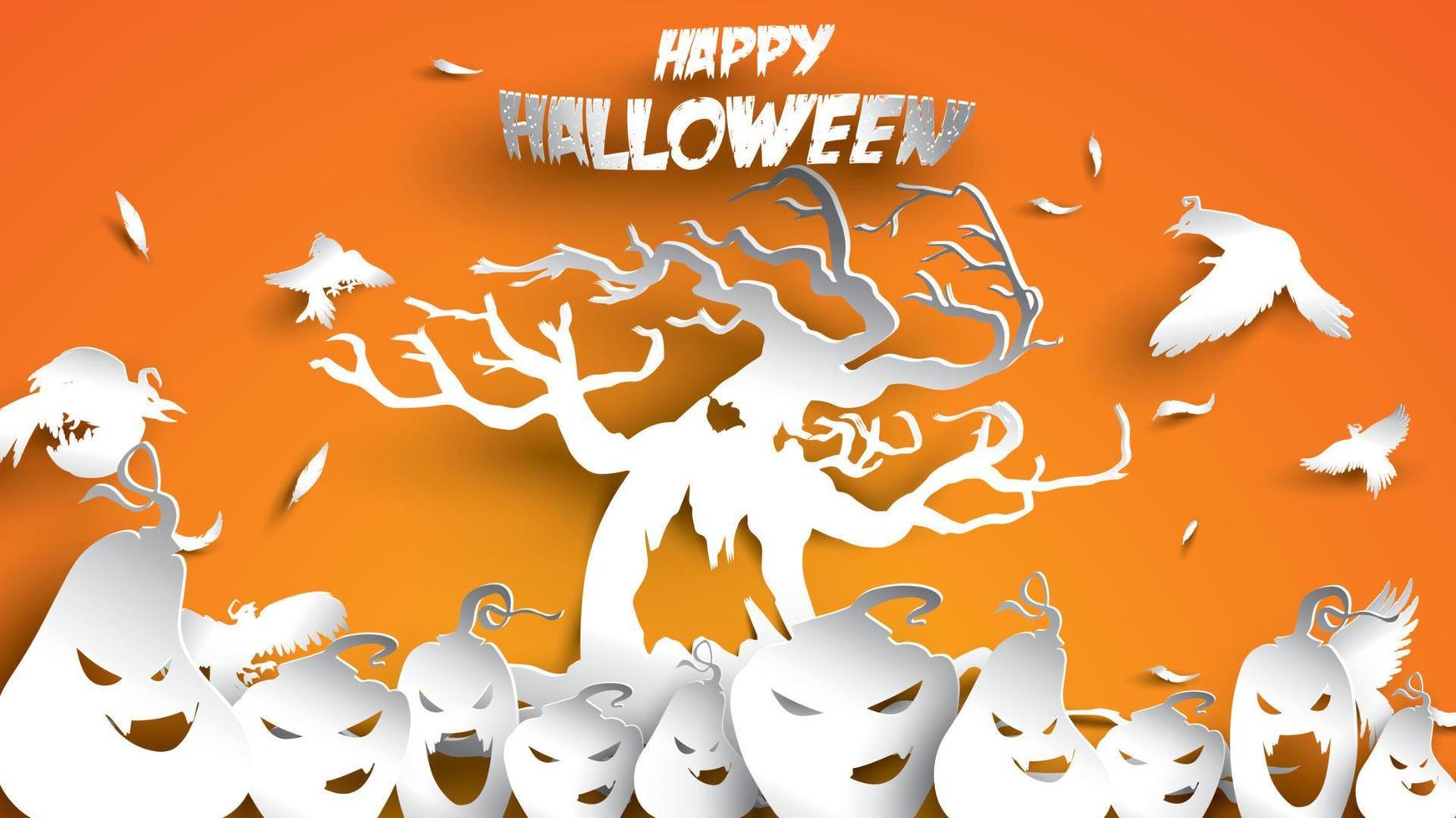 Halloween background with pumpkin, crow and haunted tree forest in paper art carving style. banner, poster, Flyer or invitation template party. Vector illustration.