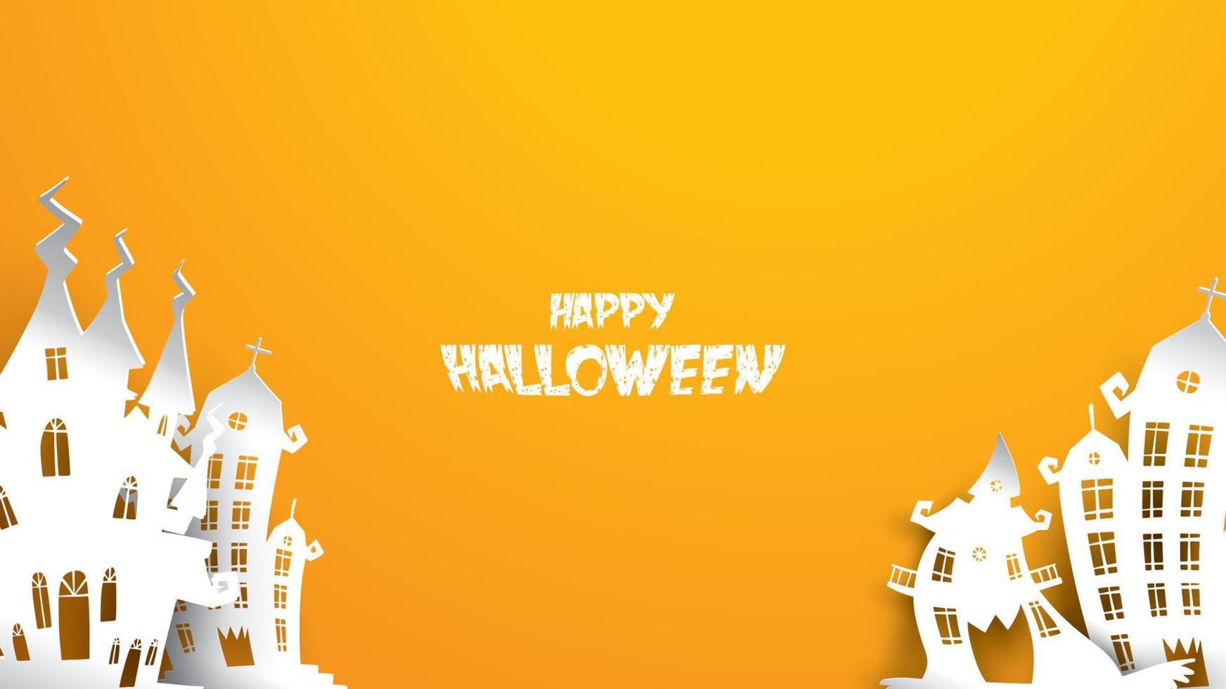 Halloween background with haunted house in paper art carving style. banner, poster, Flyer or invitation template party. Vector illustration.