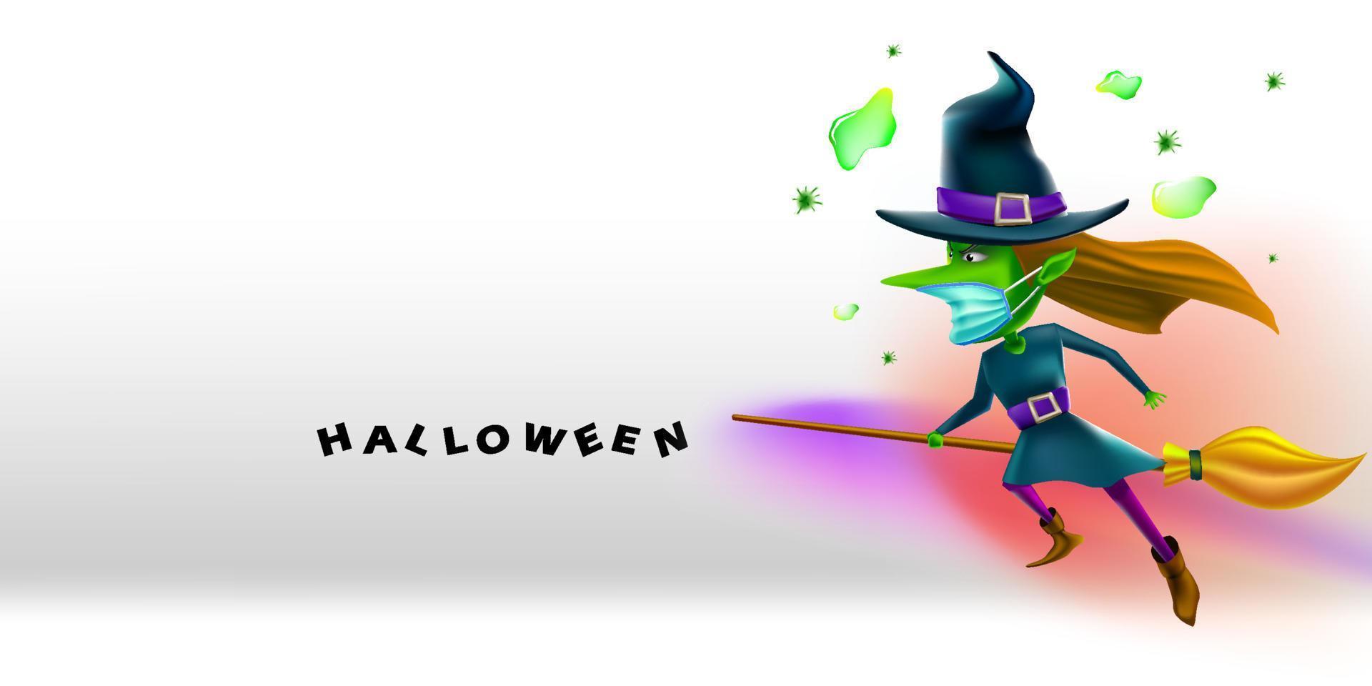 feliz fondo de diseño de tarjeta de felicitación de halloween. bruja con mascarilla protectora contra coronavirus o covid-19 vector