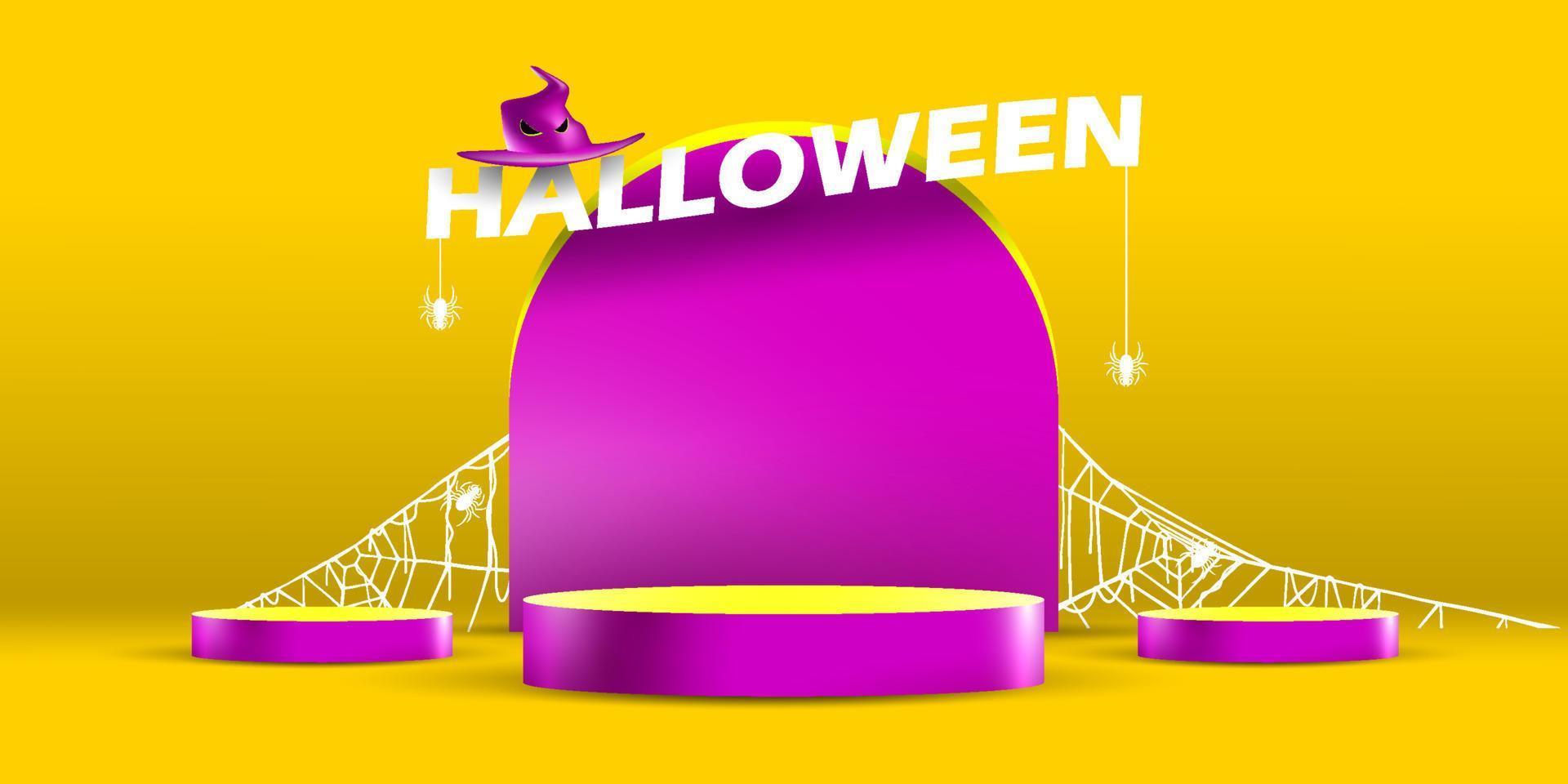 podio geométrico para producto con concepto de lápida de halloween escenario de halloween con sombrero de brujería y telaraña vector