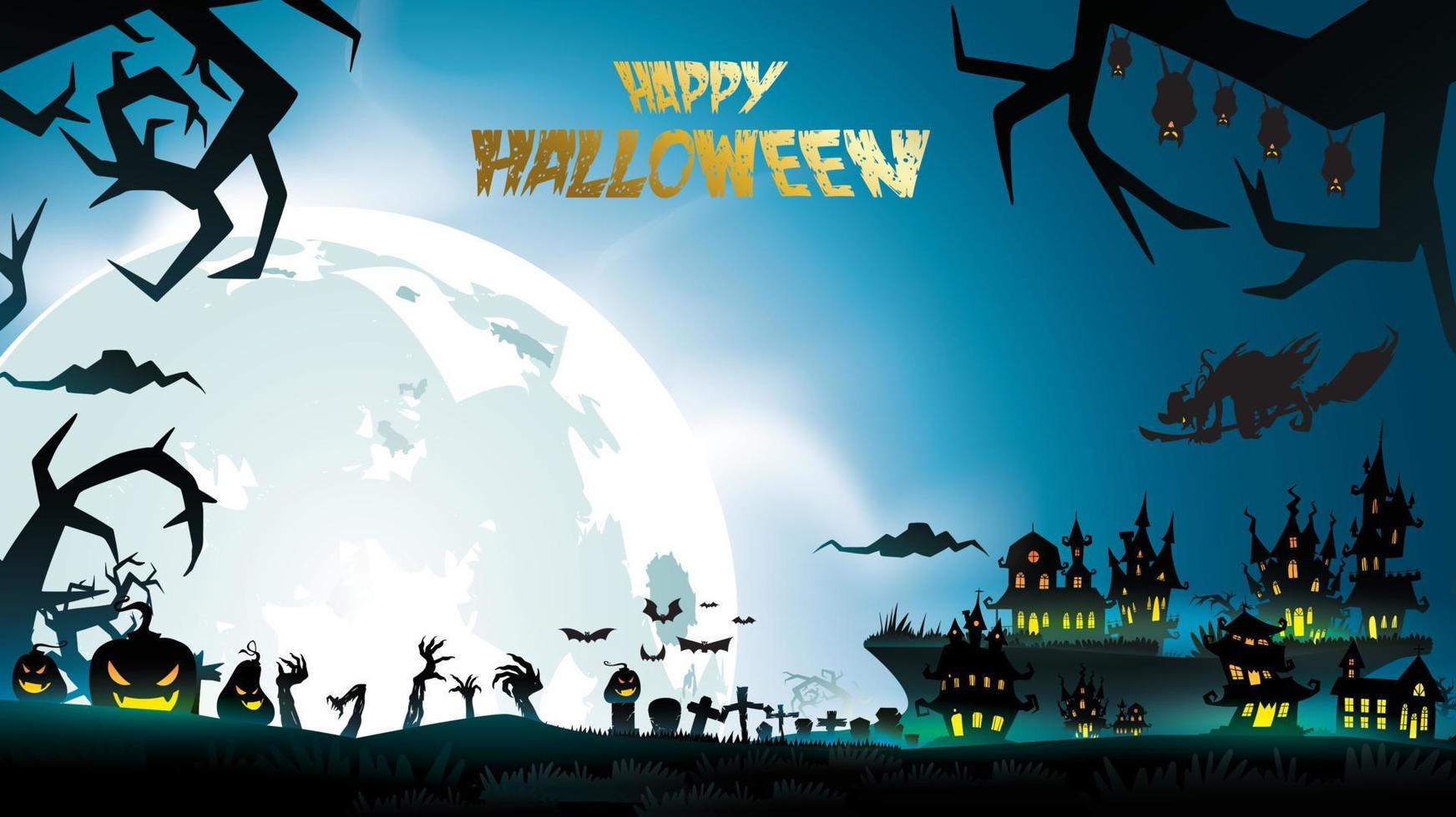 Halloween night background with pumpkin, haunted house, castle and full moon. Flyer or invitation template for banner, party, Invitation . Vector illustration with place for your Text