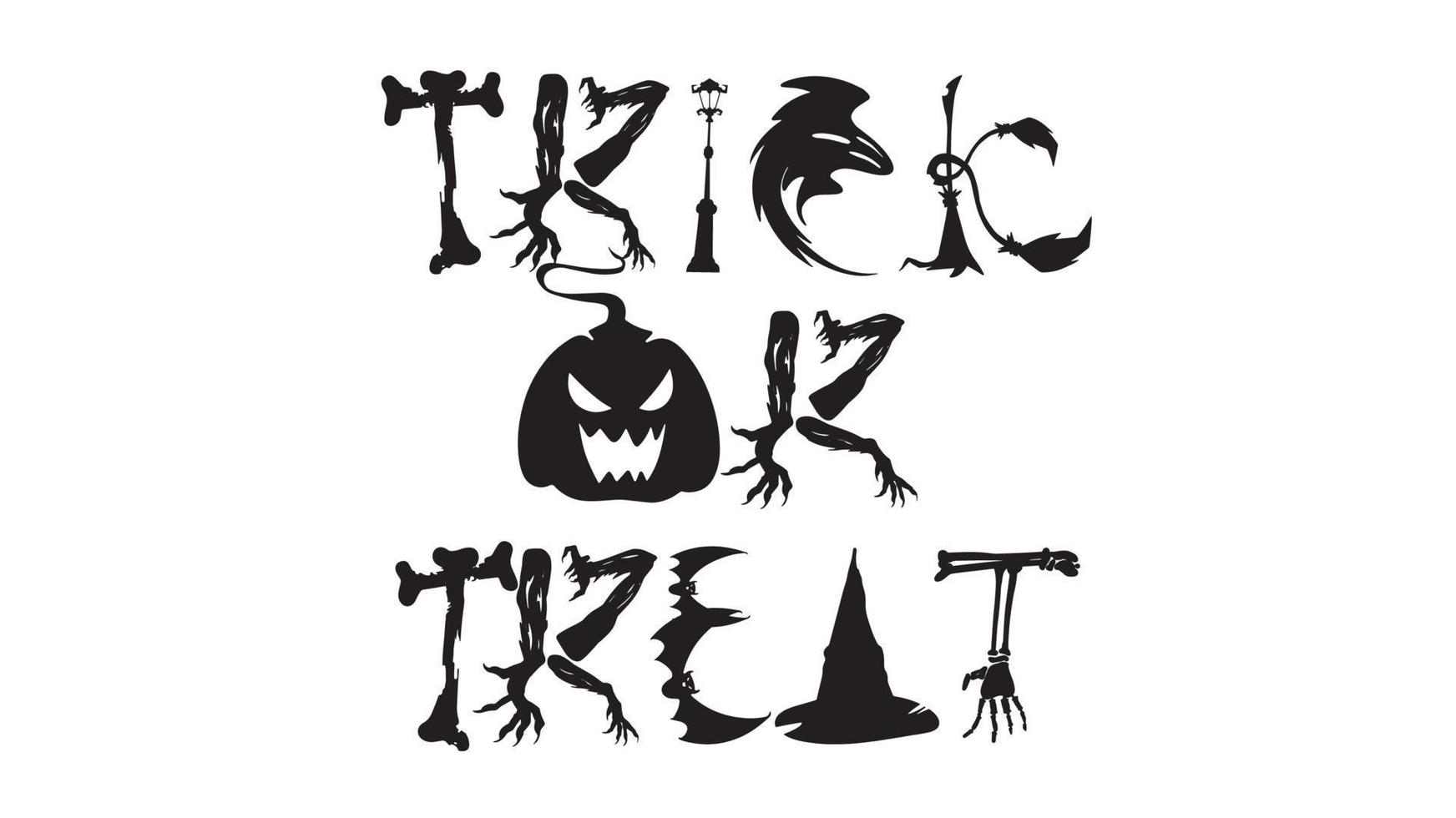 Spooky trick or treat text with flying witch isolated on white background. scary, haunted and creepy wood texture hand lettering for party invitation, greeting card, banner vector