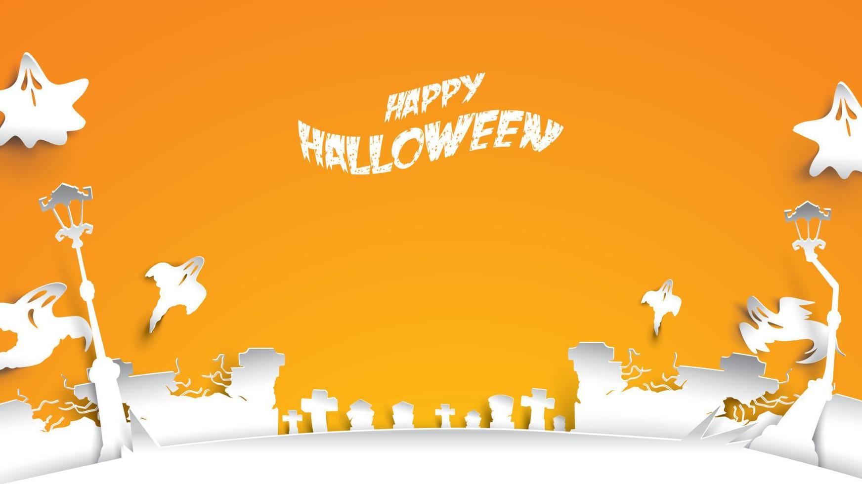 fondo de halloween con fantasma y lápida de cementerio en estilo de tallado de papel. fiesta de plantilla de pancarta, afiche, volante o invitación. ilustración vectorial vector