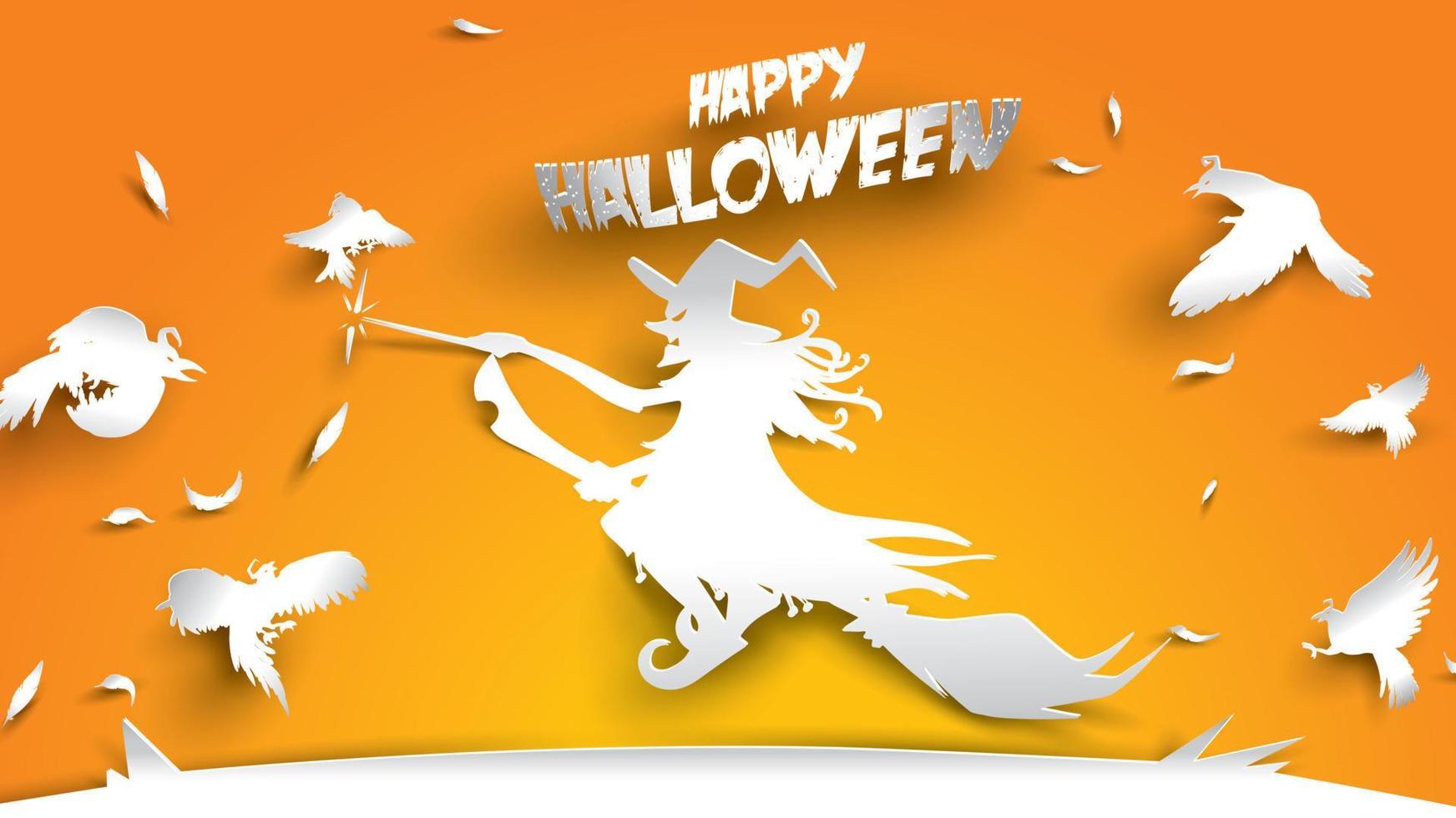 Halloween background with witch, crow and broomstick in paper art carving style. banner, poster, Flyer or invitation template party. Vector illustration.