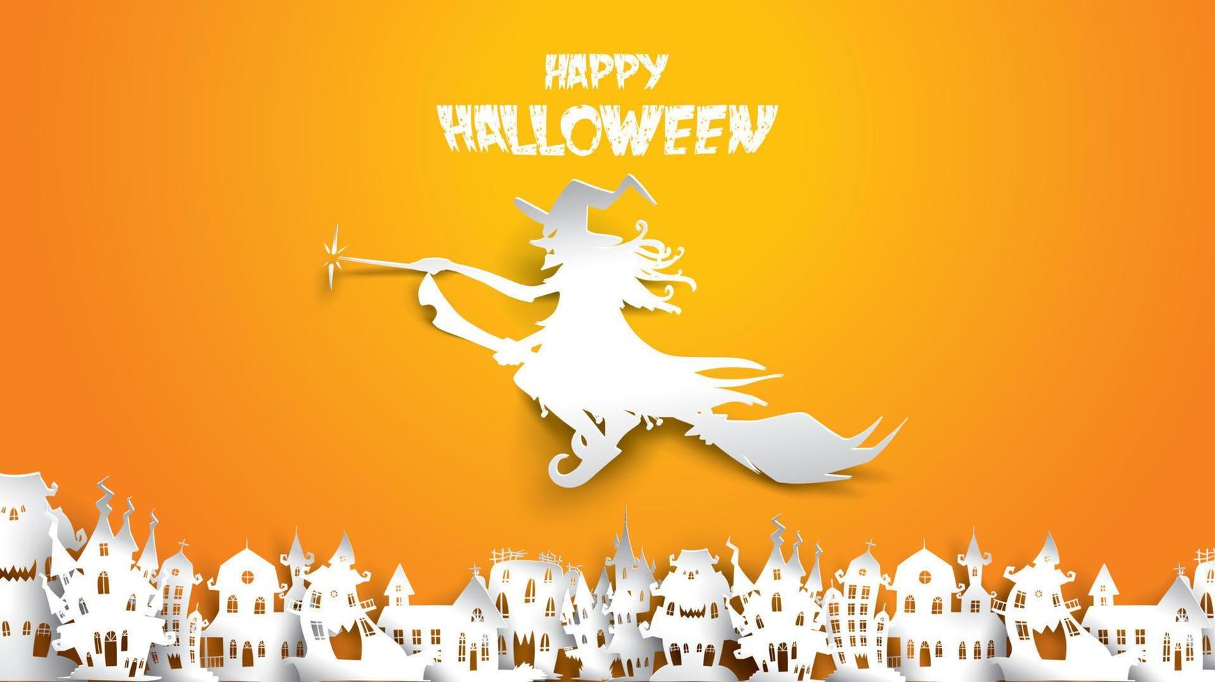 Halloween background with witch, haunted house and broomstick in paper art carving style. banner, poster, Flyer or invitation template party. Vector illustration.
