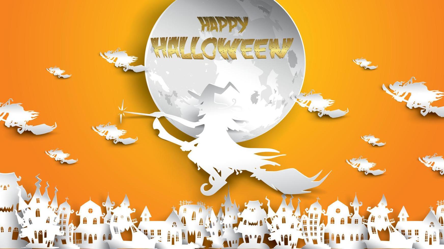 Halloween background with witch, haunted house, moon and broomstick in paper art carving style. banner, poster, Flyer or invitation template party. Vector illustration.