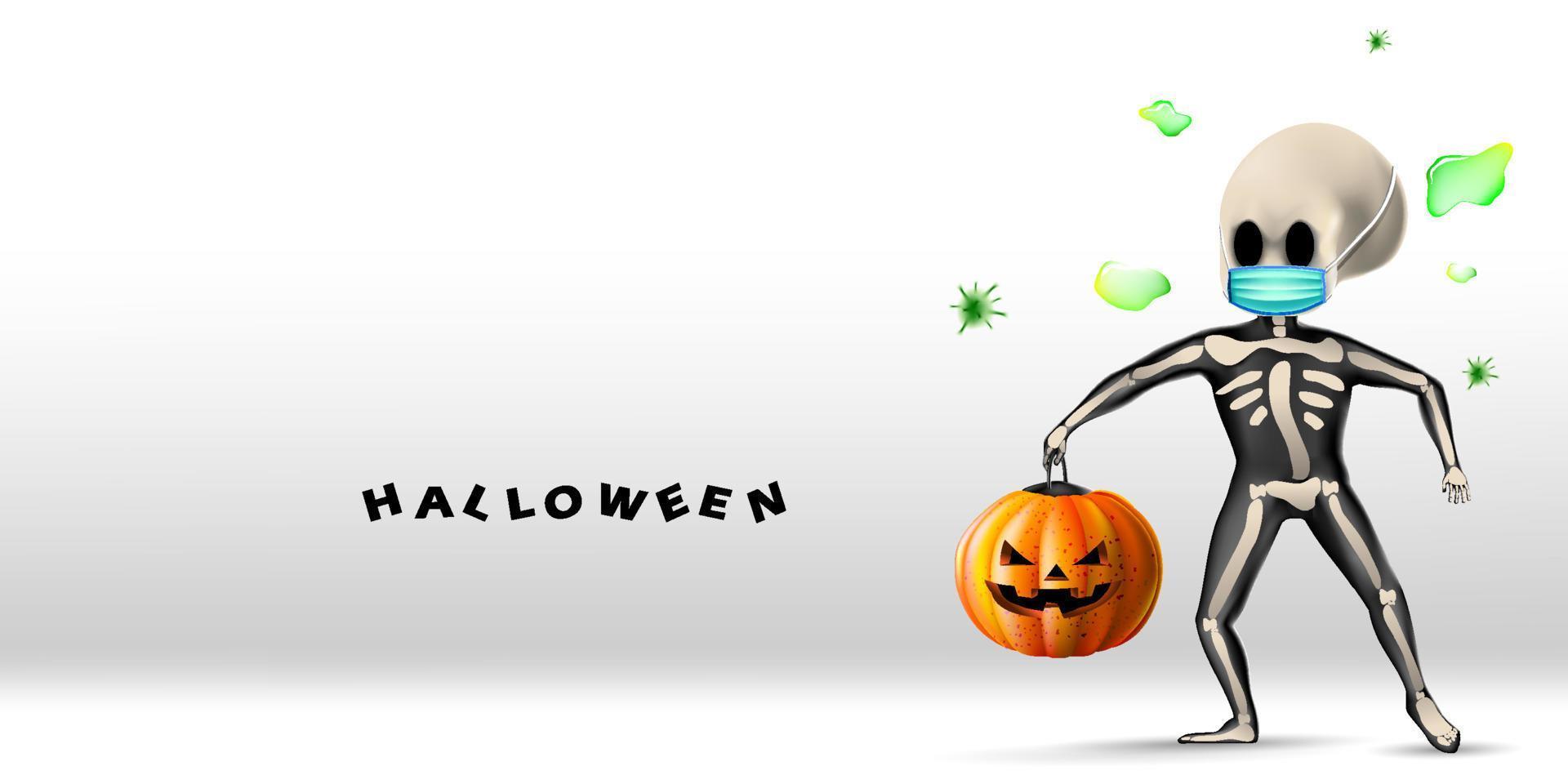 fondo de halloween con esqueleto con mascarilla protectora contra coronavirus o covid-19 vector