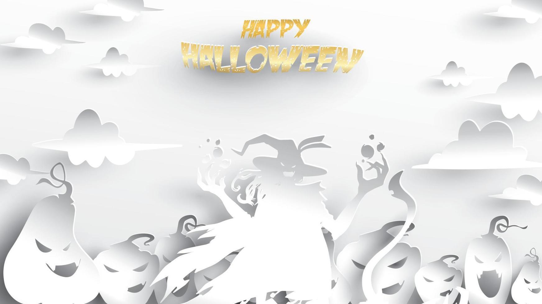 Halloween background with witch and pumpkin in paper art carving style. banner, poster, Flyer or invitation template party. Vector illustration.