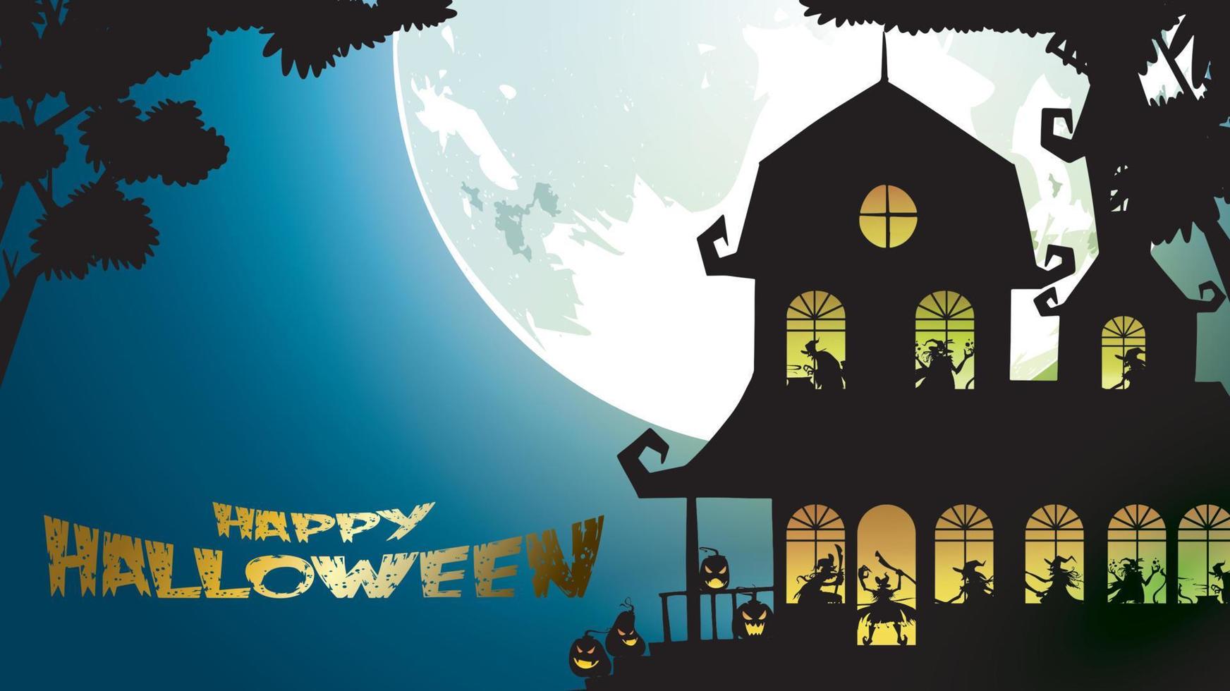 fondo de noche de halloween con calabaza, casa embrujada, castillo y luna llena. volante o plantilla de invitación para banner, fiesta, invitación. ilustración vectorial con lugar para el texto vector