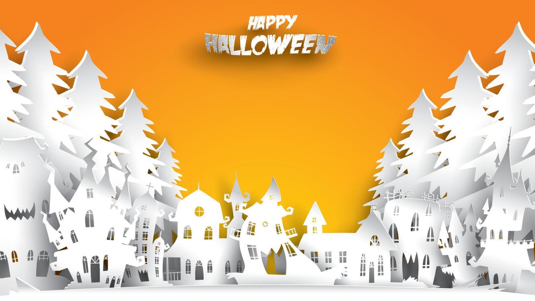 Halloween background with haunted house and fir forest in paper art carving style. banner, poster, Flyer or invitation template party. Vector illustration.