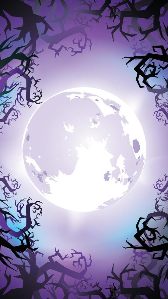 fondo nocturno espeluznante con luna llena, árboles aterradores y siluetas forestales. banner de halloween con espacio de copia para saludos, promoción de texto o invitación a una fiesta. ilustración vectorial vector