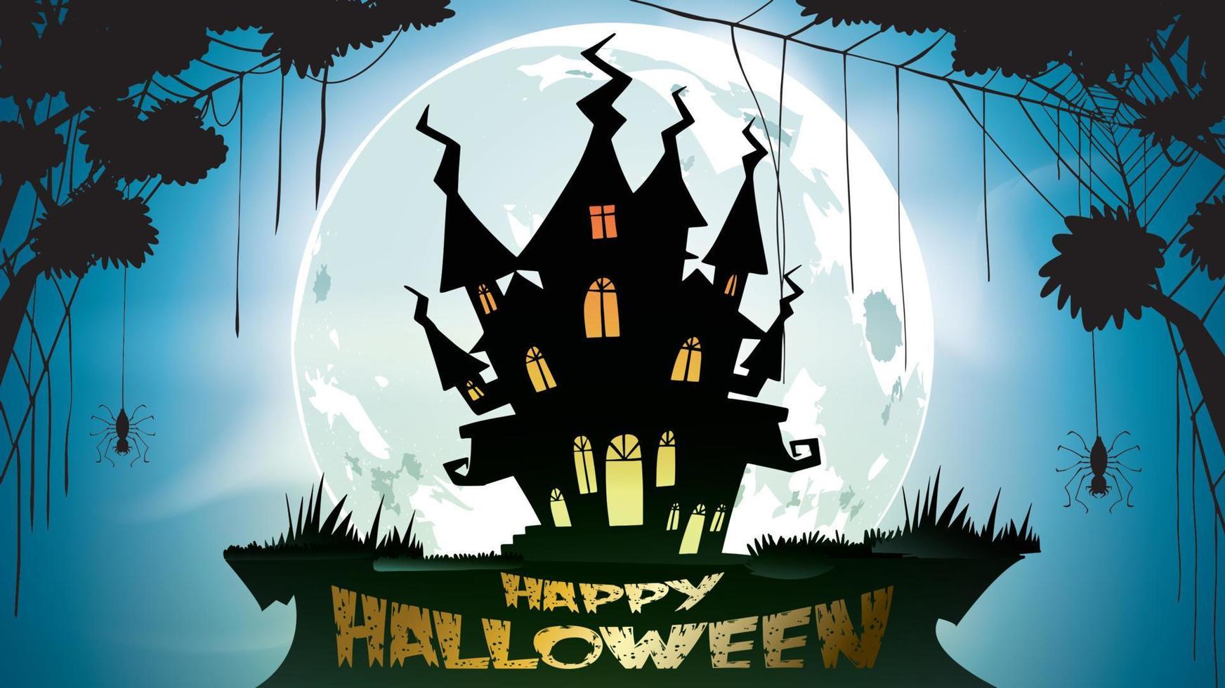 fondo de noche de halloween con calabaza, casa embrujada, castillo y luna llena. volante o plantilla de invitación para banner, fiesta, invitación. ilustración vectorial con lugar para el texto vector