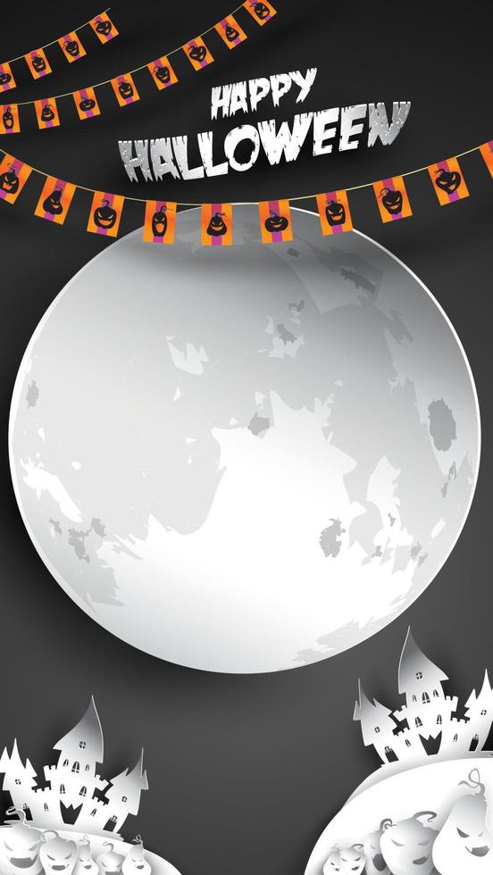Halloween background with pumpkin, haunted house and full moon in paper art carving style. banner, poster, Flyer or invitation template party. Vector illustration.