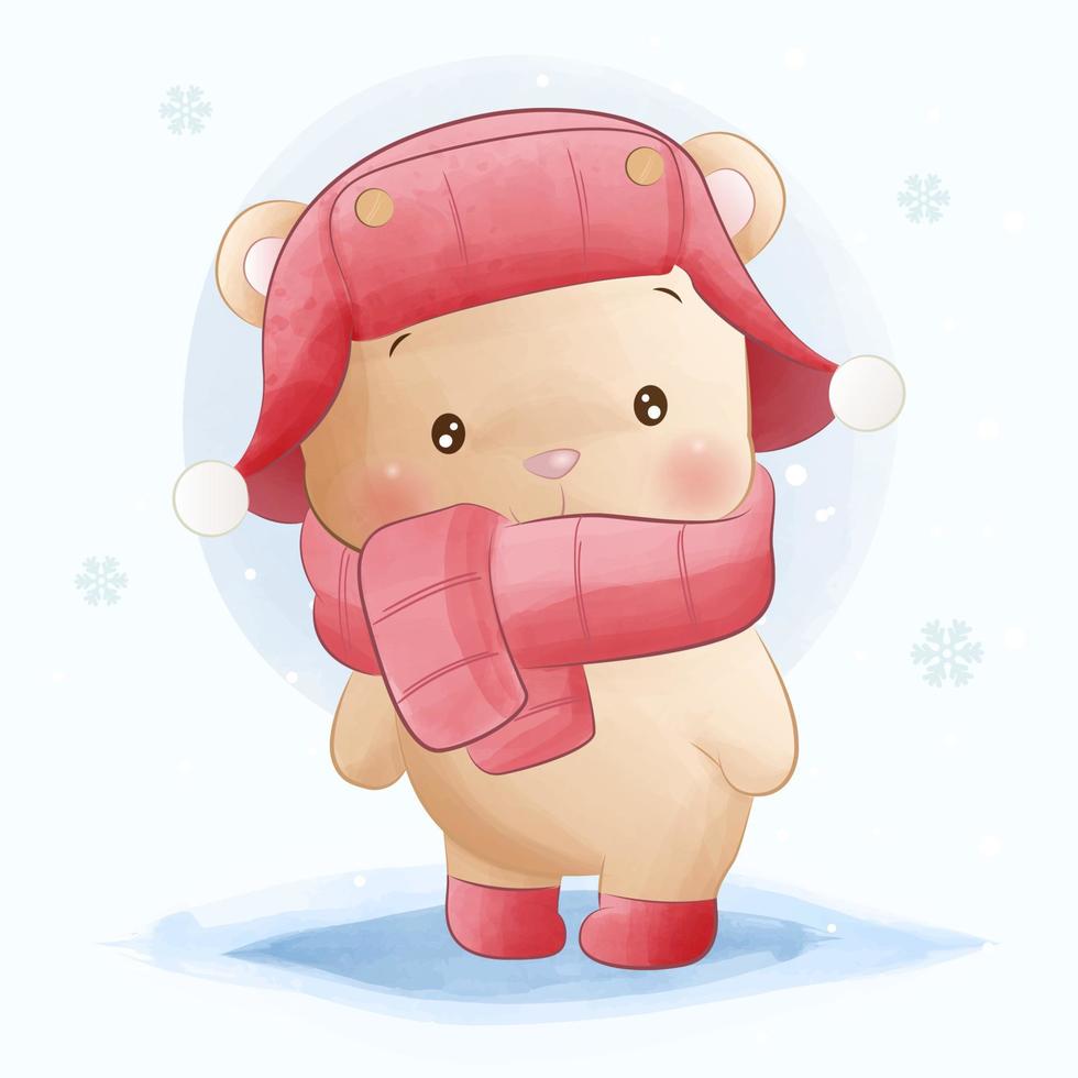 Cute bear wearing a red hat and scarf vector