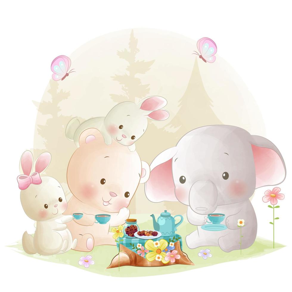 linda ilustración animal de la fiesta del té amigos del bosque haciendo un picnic vector