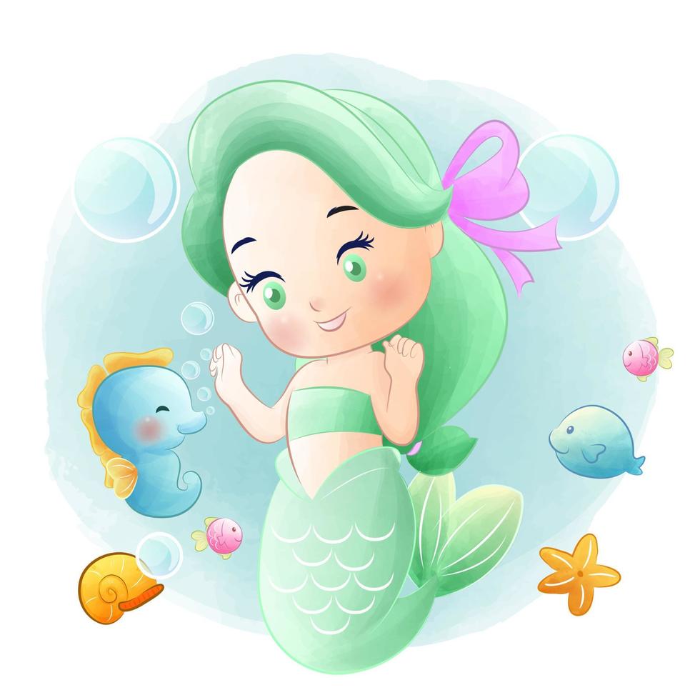 princesita para guardería con linda sirena y caballito de mar vector